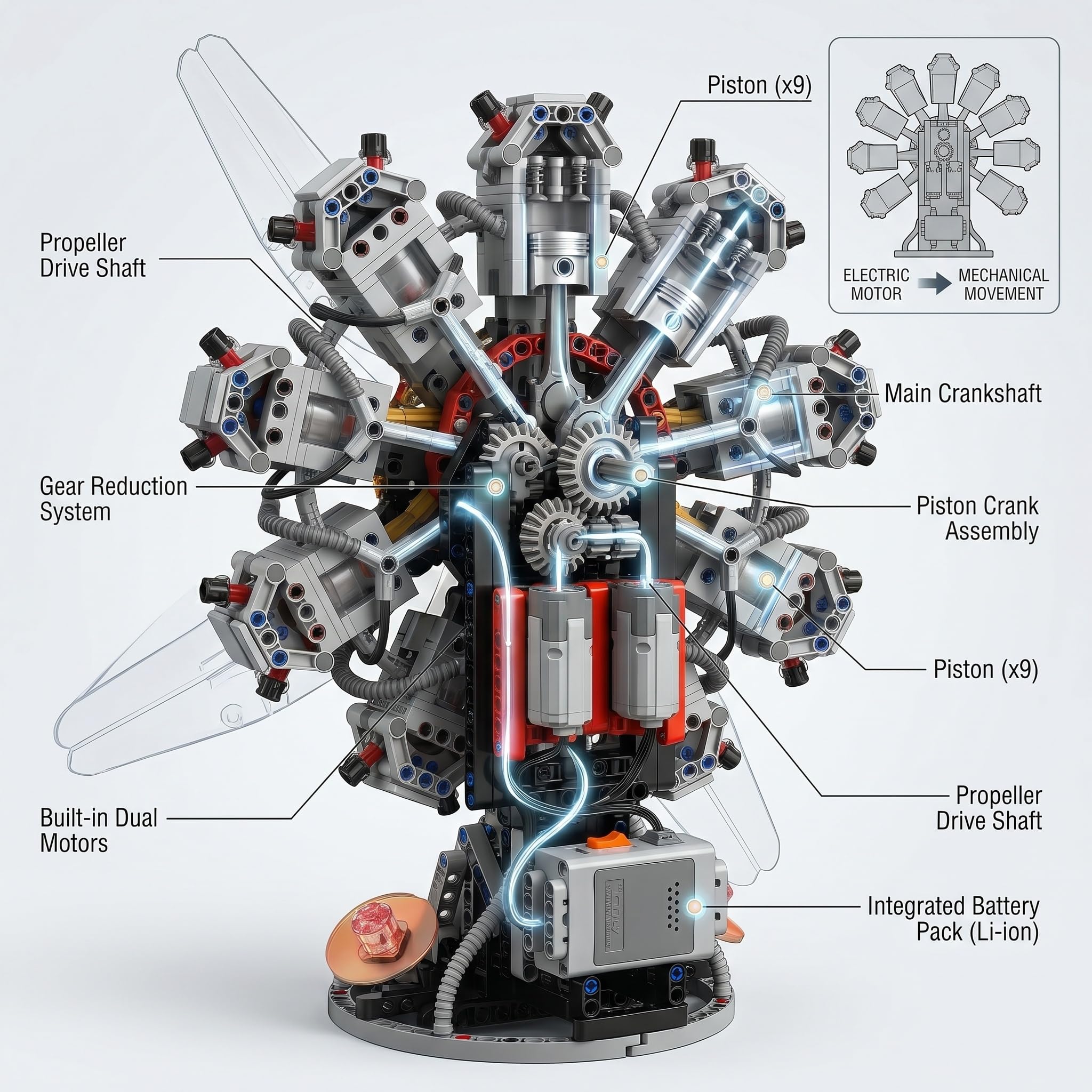 Maqueta Motor 9 Cilindros Radial 1100 Piezas – Hélice Eléctrica | Kit Motor Miniatura Adultos Stem Maquetas para Montar Idea Regalo Hombre