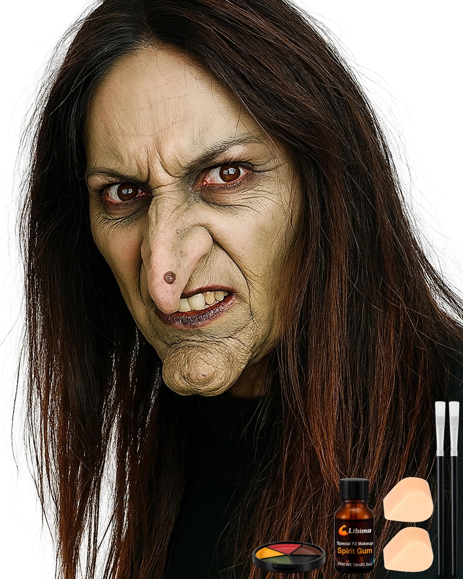 LibimaHalloween Witch Nose and Chin Prosthetic Set with Face Paint and Makeup Face Glue Halloween Costume Latex Witch Costume Accessories(2 Pack)