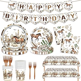 137 PCS Western Cowboy Birthday Party Supplies Decorations Tableware Set Wild West Rodeo Party Plates Napkins Forks for Kids Boys Serves 24