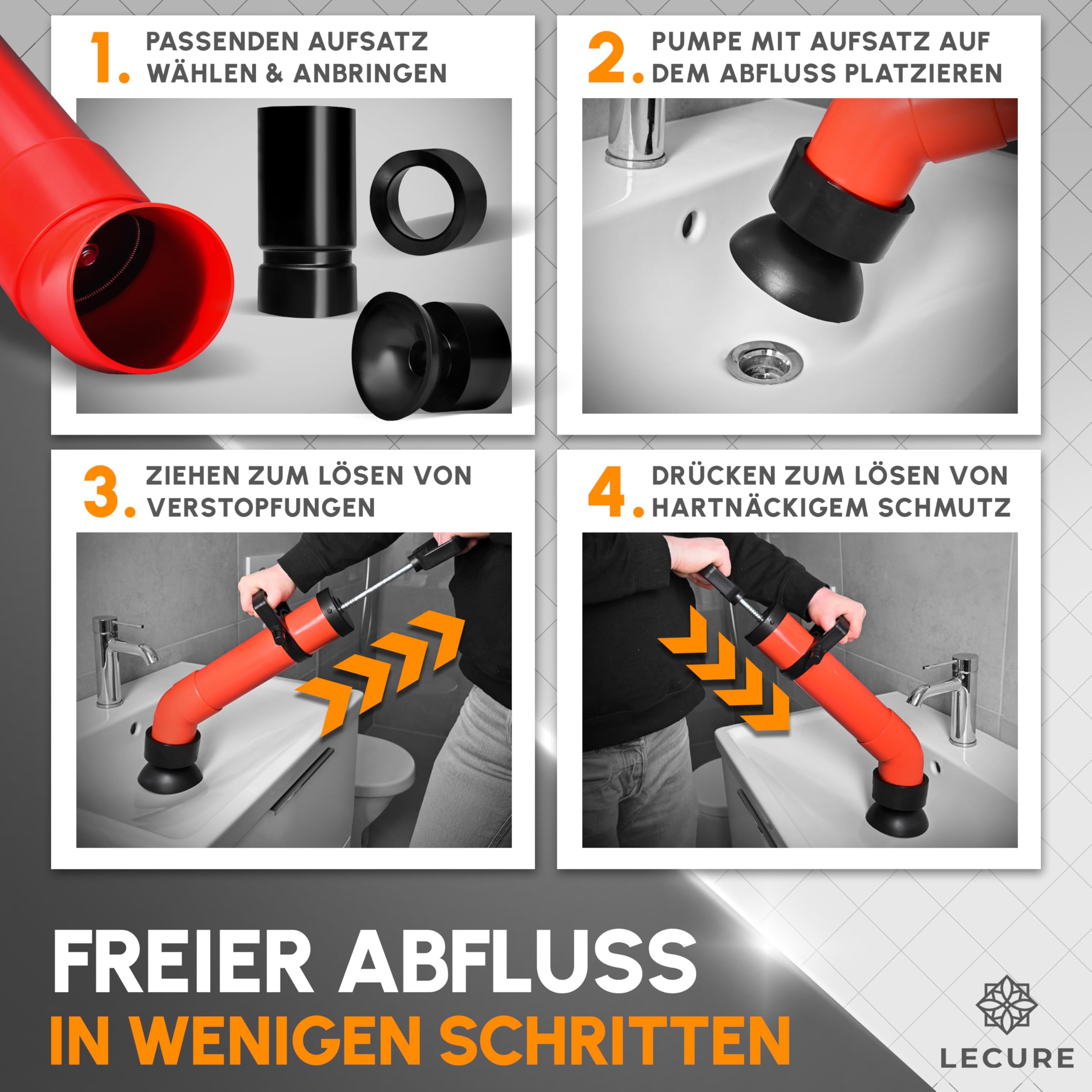 Rohrreinigungspumpe [Inkl. 3x Aufsätze] - Effektive Abflusspumpe für Rohrreinigung inkl. Handschuhen und 3 Abfluss-Adaptern für Dusche, Toilette, Spüle & Co.