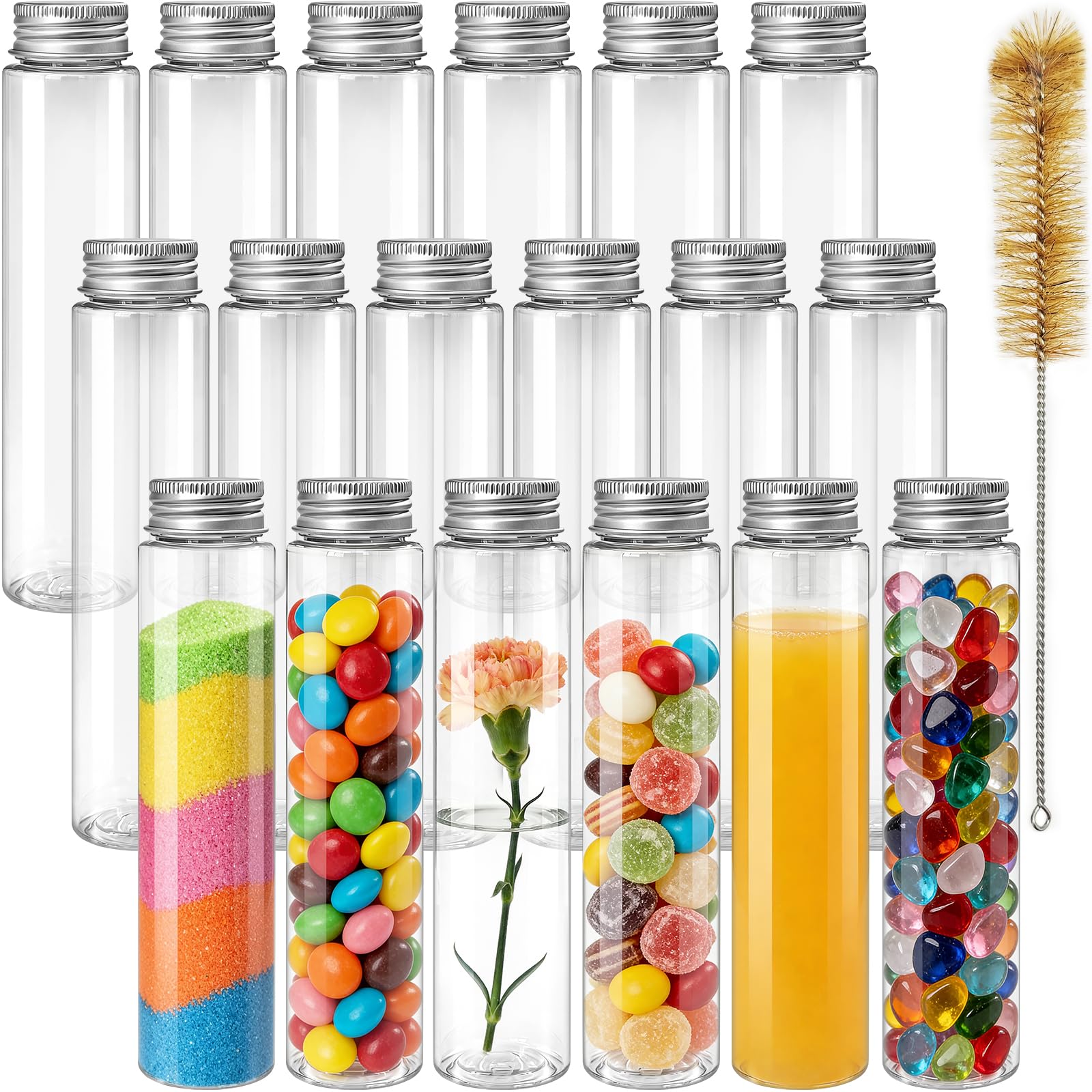 18 PCS 115ml Clear Plastic Test Tubes,Flat Test Tube,Plastic Test Tube with Screw Caps and 1 Cleaning Brush for Bath Salt,Candy Storage,Science Party Favors,Wedding Decor