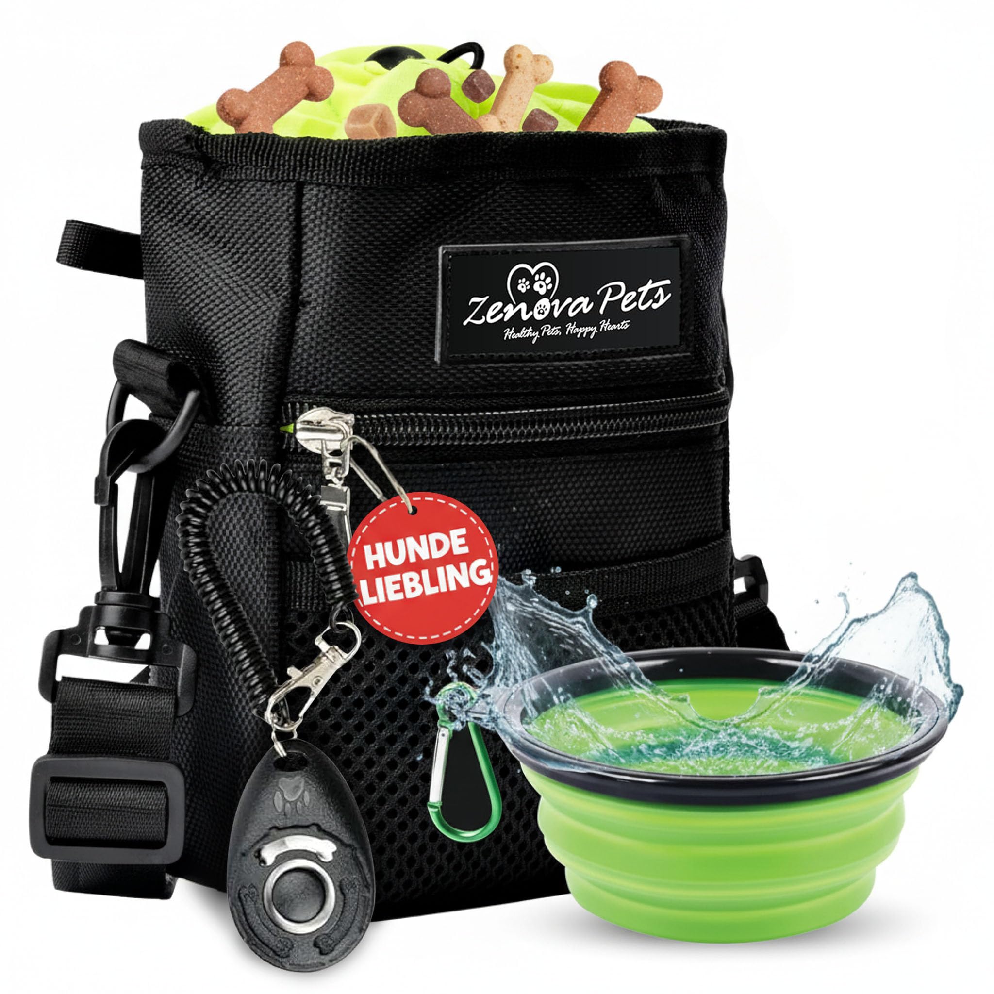ZENOVA PETS Leckerlitasche für Hunde, großer Leckerlibeutel & Snackbeutel Hund mit Reisenapf, Clicker, Kotbeutelspender & Handyfach, 3 Tragemöglichkeiten, ideale Futtertasche für Hundetraining
