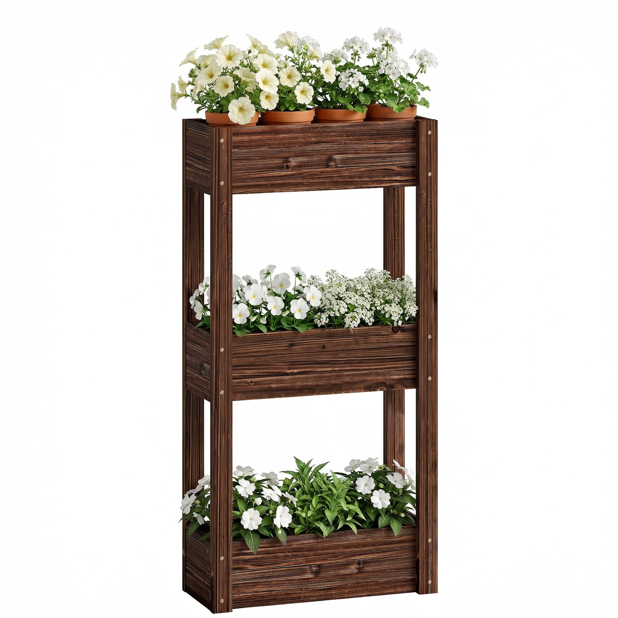 Outsunny Carbonised Finish 3-Tier Wooden Raised Planter, Raised Garden Bed On Legs With Drainage Holes And Bed Liner, Outdoor Elevated Garden Planter For Vegetables, Herbs, Flowers, 60 X 25 X 120 Cm