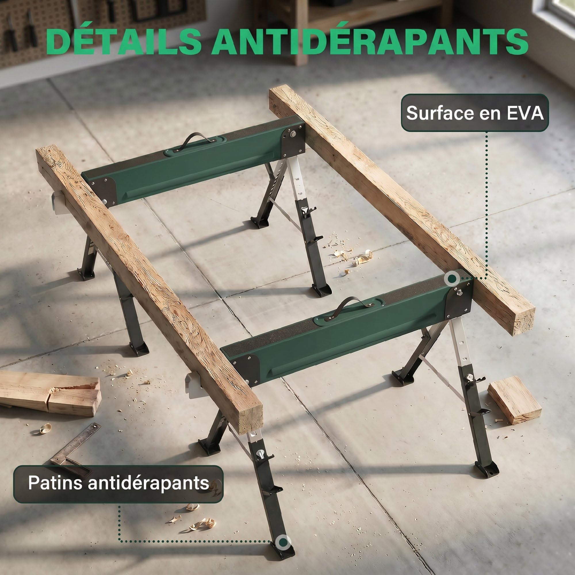 HOMCOM Lot de 2 Tréteaux Pliables en Métal, Charge Max. 1160 kg, Tréteaux Portables, Hauteur Réglable 64-81cm, Poignée de Transport, Support 2x6, pour Bricolage, Sciage, 116 x 64 x 81 cm, Vert