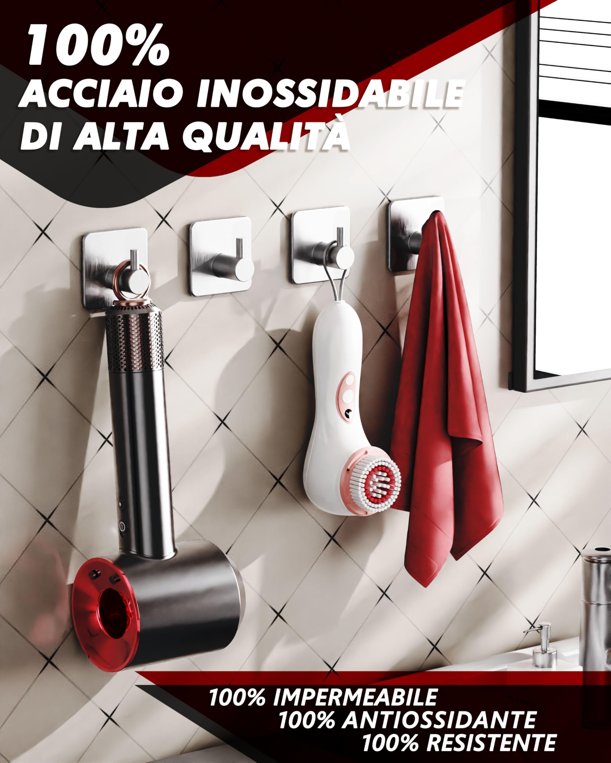 Auxmir Ganci Adesivi-6 pz Appendi Accappatoio Bagno in Acciaio Inox, Forte, Impermeabile, Antiruggine, Autoadesivo, Rimovibile senza Tracce, Salvaspazio, Porta Asciugamani Bagno Cucina Ufficio Argento