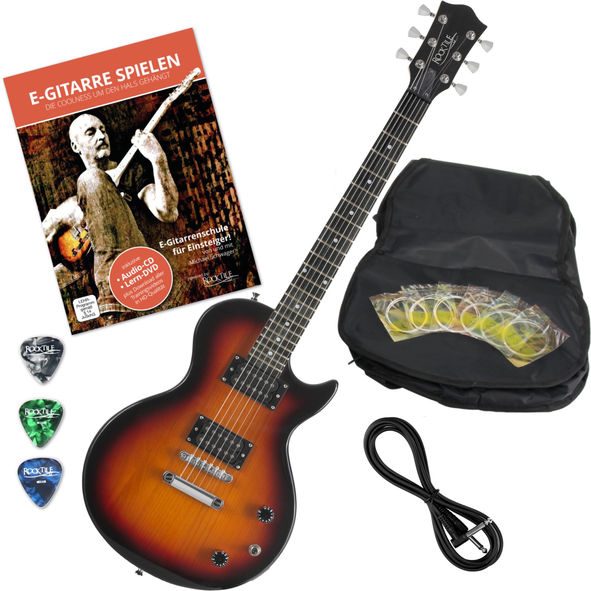 Rocktile L-100 SB E-Gitarre Sunburst Set mit Zubehör, Modell: L-100 SB | Gewicht: ca. 3, 5 kg, Anzahl Saiten: 6, Orientierung: Rechtshänder, Inklusive Girtarrenkabel, Korpusform: Single Cut-Style
