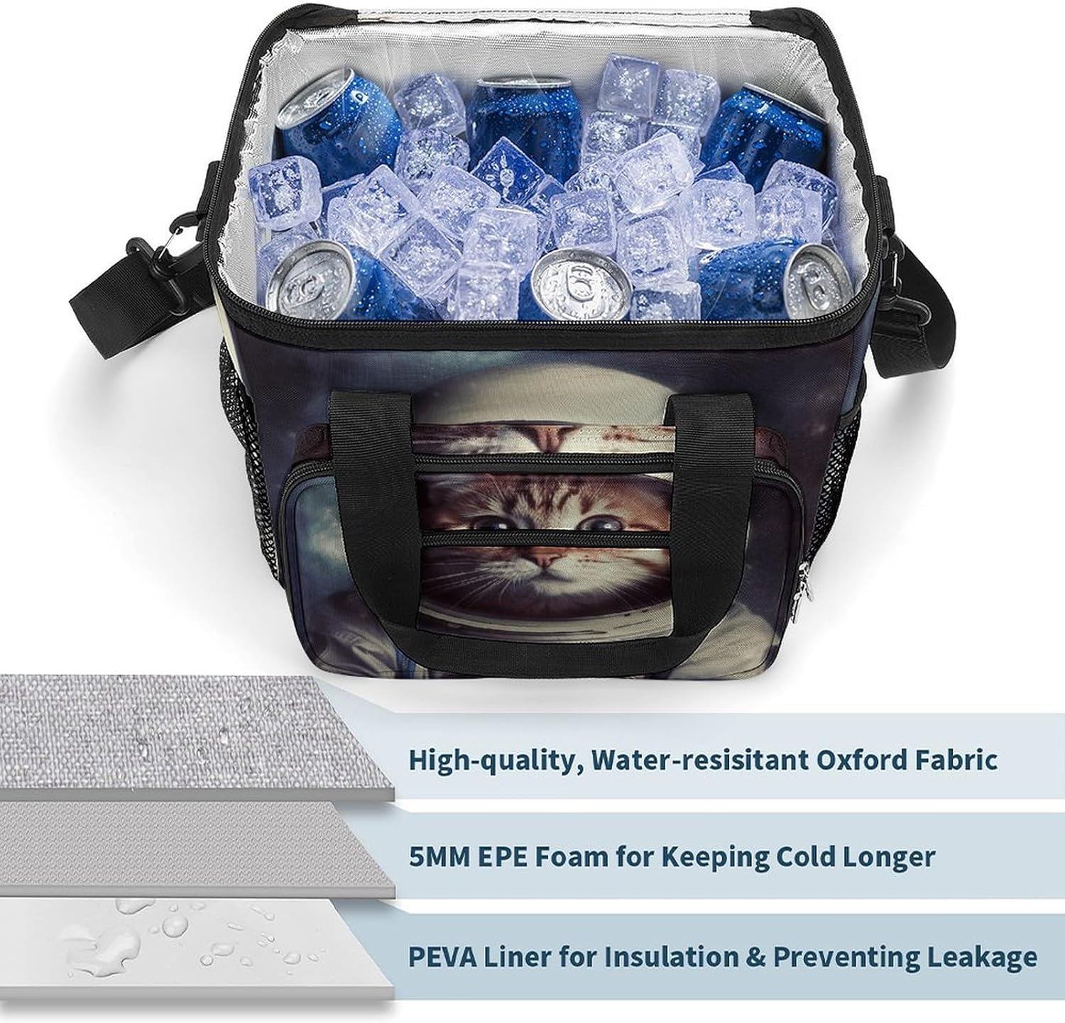 Camping Ice Pack, Animal Cat Astronaut Print Cooler Bag, 22.5L Large Capacity Insulated Lunch Tote Bag for Outdoor, Picnic, BBQ, Travel, Work