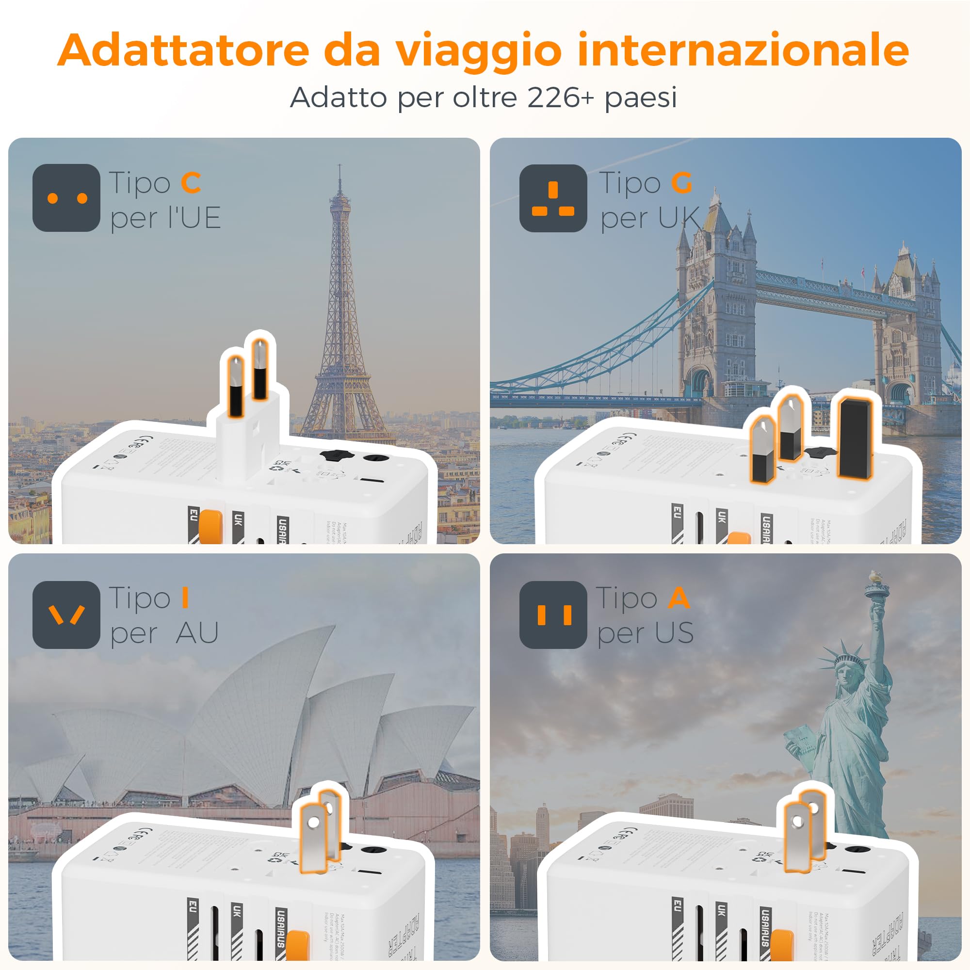 TESSAN 100W GaN Adattatore Universale da Viaggio, Caricatore 100W, Presa Universale da Viaggio con 2 USB A e 2 USB C, Adattatore Presa Spina per UK, USA, Australia, Tailandia, Giappone
