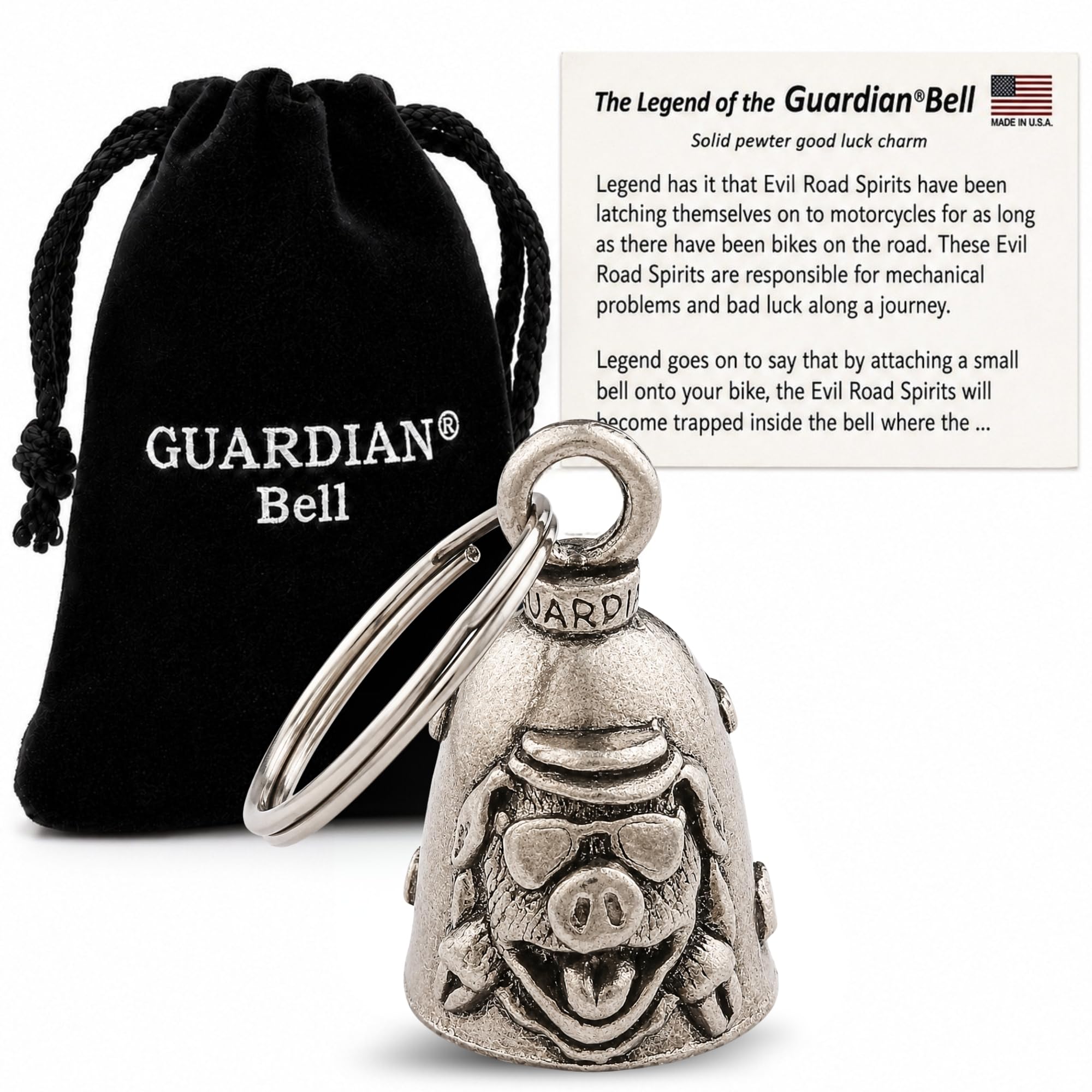 Guardian Bell Pig Good Luck Bell w/Keyring &amp; Black Velvet Gift Bag | Motorcycle Bell | Lead-Free Pewter