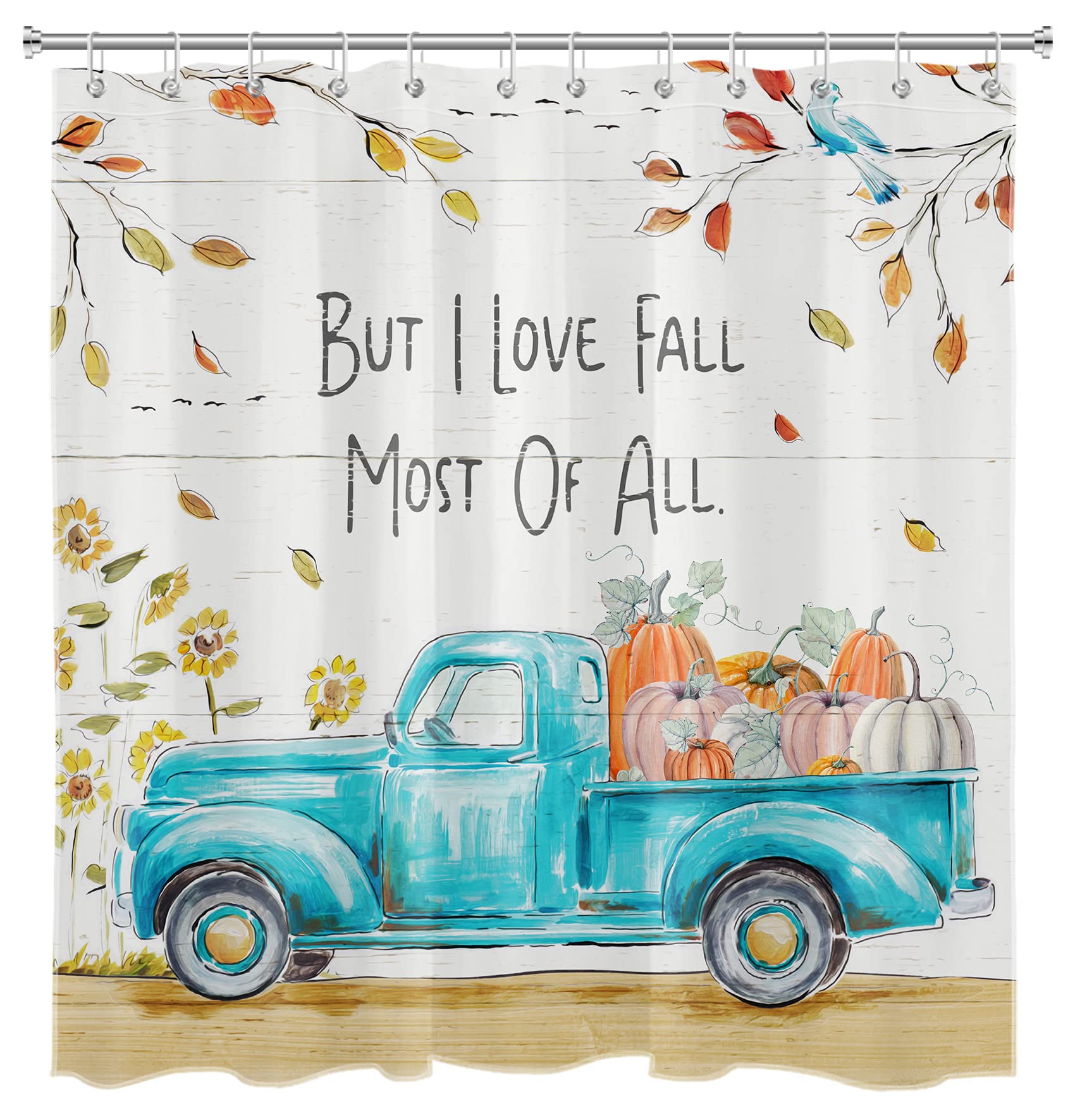 EOBTAIN Fall Pumpkin Shower Curtain Thanksgiving Harvest Watercolor Sunflower Autumn Leaves Tree Teal Blue Truck Shower Curtains Farmhouse Wooden Board Bathroom Decor 72x72Inch 12 Hooks Durable Fabric