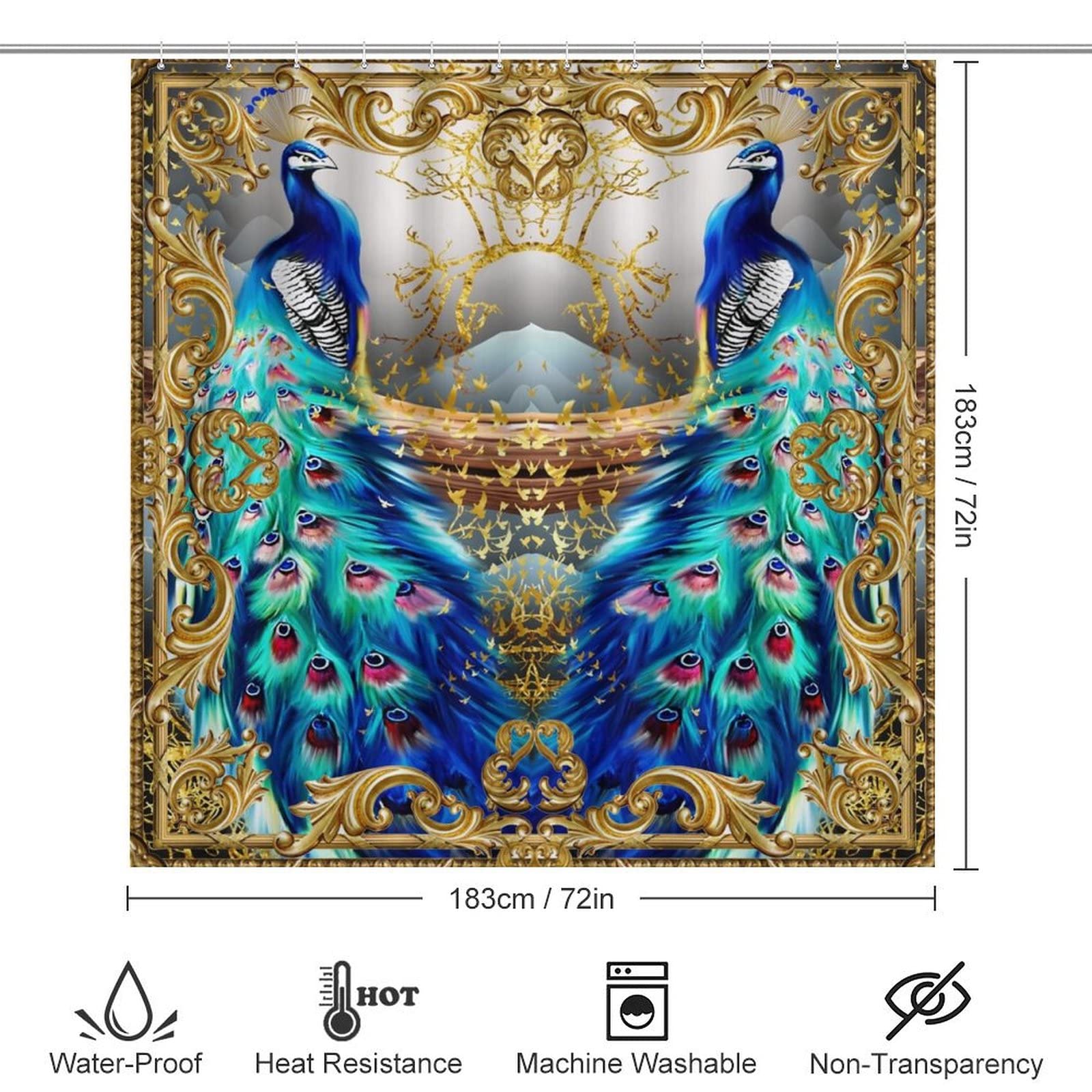 Kazynee Fantasy Peacock Luxury 4 Piece Shower Curtain Sets, Non-Slip Rugs, Toilet Lid Cover and Bath Mat, Durable and Waterproof, for Bathroom Decor Set One Size