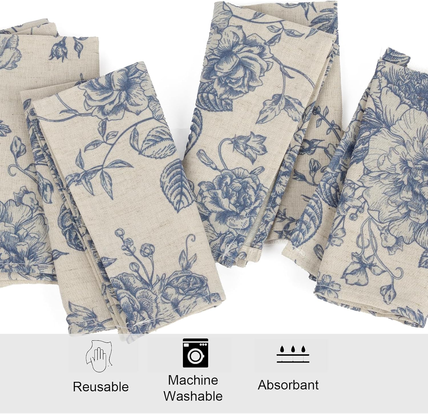 Blue Floral Cloth Napkins Set of 12, Vintage Linen Cotton Dinner Napkins 15x15 Inch - Reusable, Cottagecore Aesthetic Party Decorative Napkin Towels for Everyday Use, Weddings, and Holiday