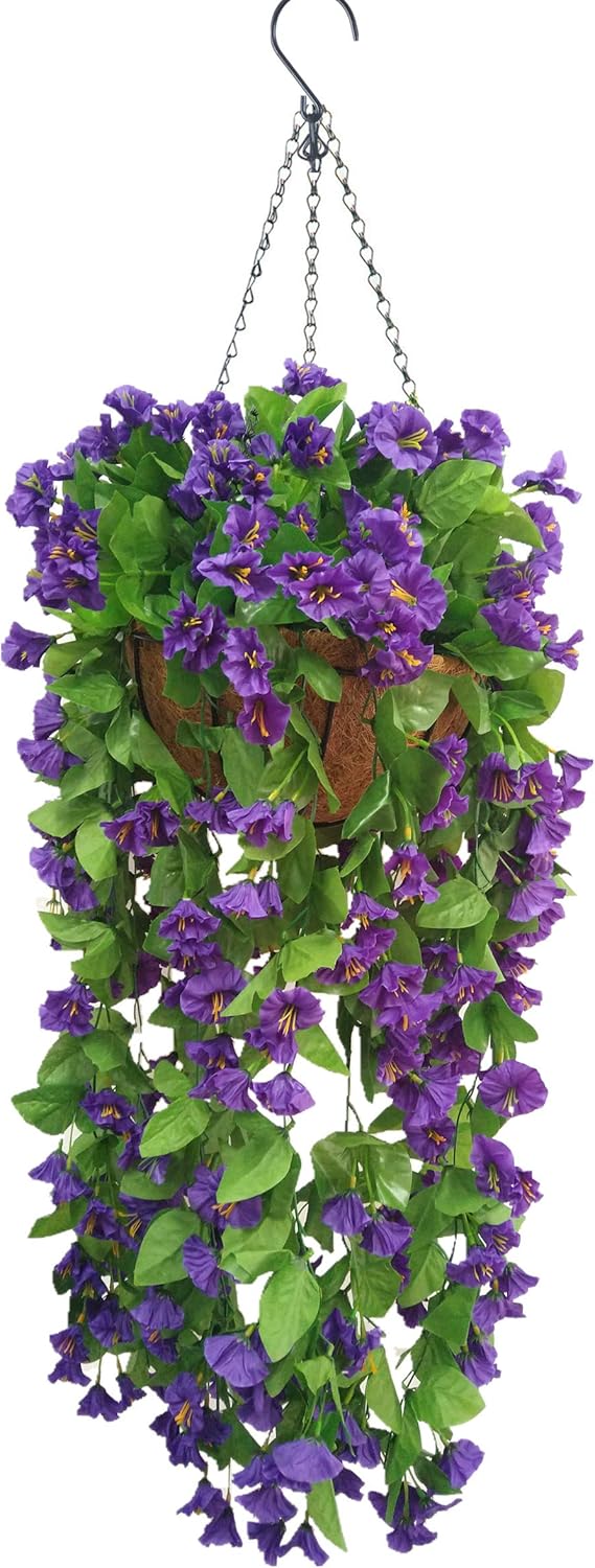 Artificial Flowers Morning Glory Vine Hanging Flowerpot with Chain for Home Balcony Decoration, Purple (Big Basket and Artificial Flowers)