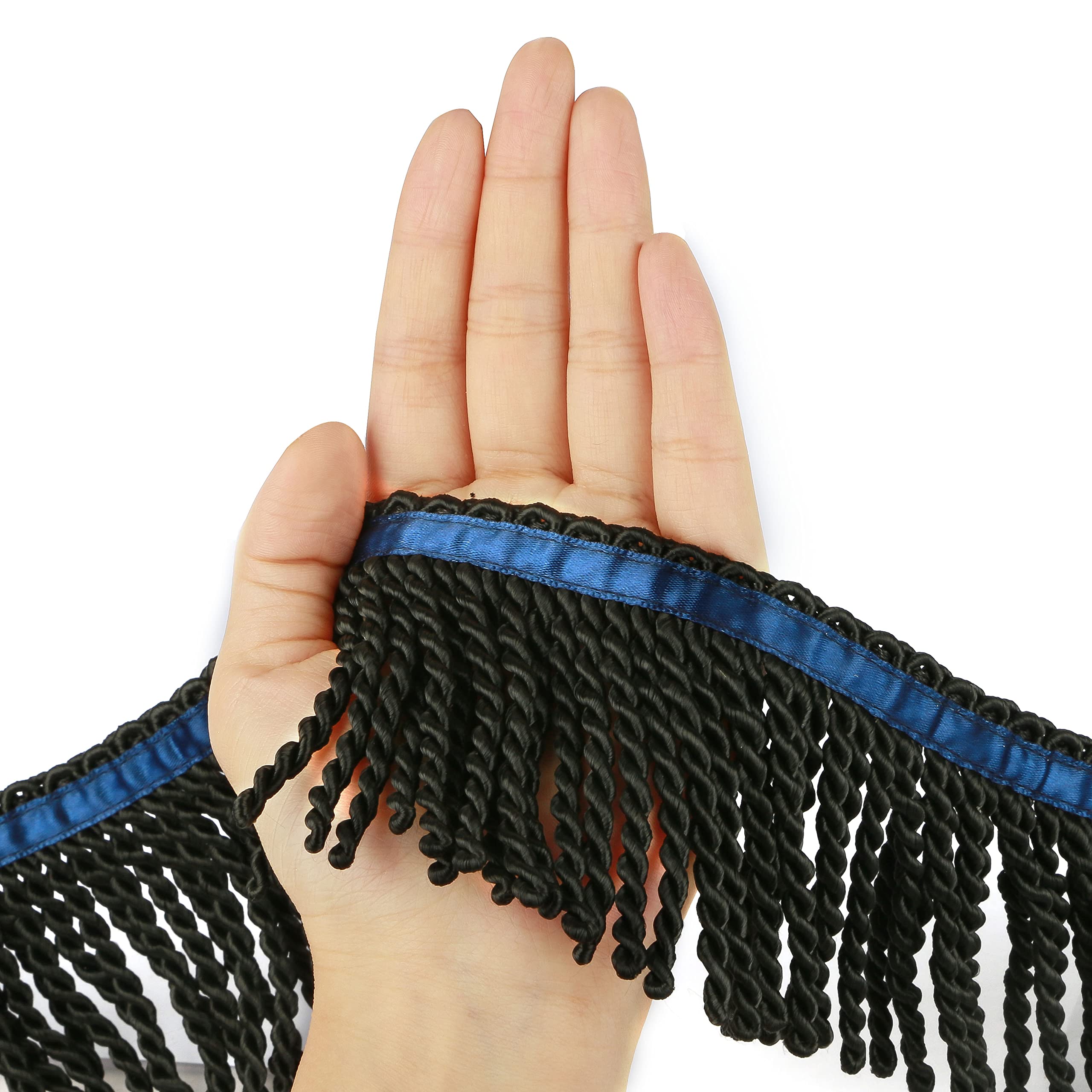 BEL AVENIR Curtain Fringes Bullion Fringe Trim with Blue Ribbon 5.3 Yard x 3 Inches Fabric Trims Sewing DIY Decoration for Curtain Sofa Clothes (Black)