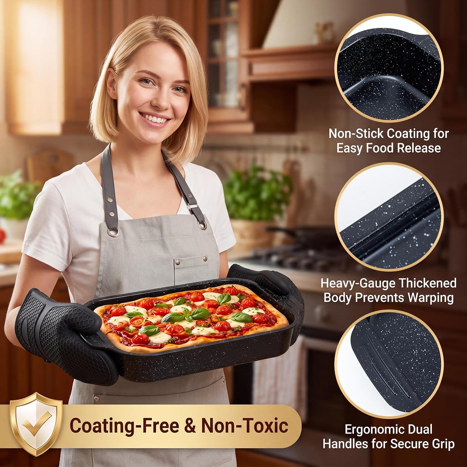Teenyyou Detroit Pizza Pan Set of 2, 2.4" Deep Nonstick Rectangular Pizza Baking Pans with Handles, 14.8 x 8.9 Inch Carbon Steel Pizzas Tray for Detroit Style, Sicilian and Thick Crust Homemade Pizzas