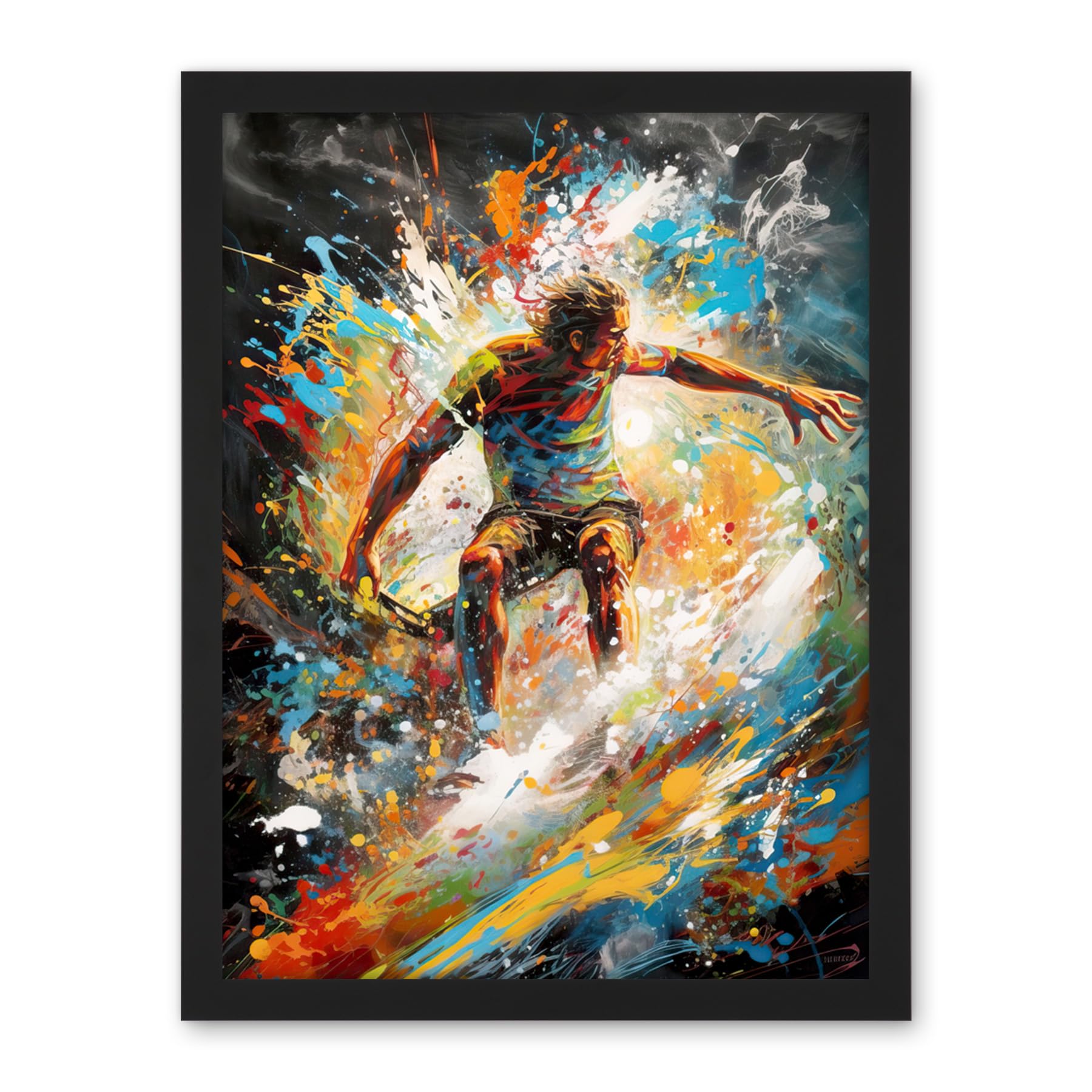 Artery8 Surfer Surfing on Crashing Waves Splatter Paint Artwork Framed Wall Art Print 18X24 Inch