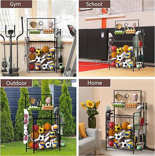 Miniatura 7 de HEOMU Organizador de equipo deportivo, organizador de pelotas con cuerda elástica y estante lateral, almacenamiento de pelotas de garaje con 5