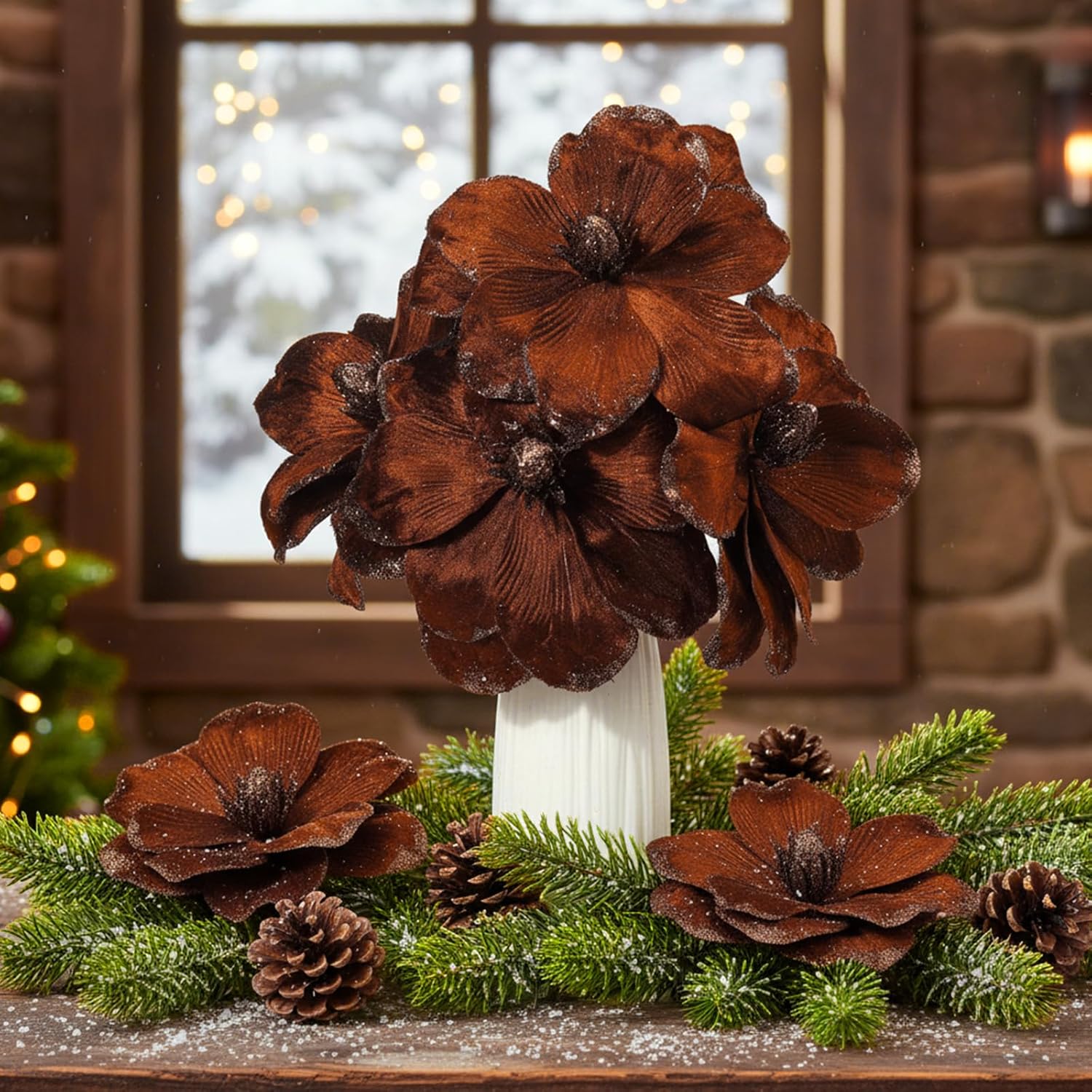 12 Pcs Large Velvet Christmas Poinsettia Magnolia Flowers Ornaments Glitter Big Heads Artificial Magnolia Flowers for Decoration Wedding Decor Supplies(Brown)