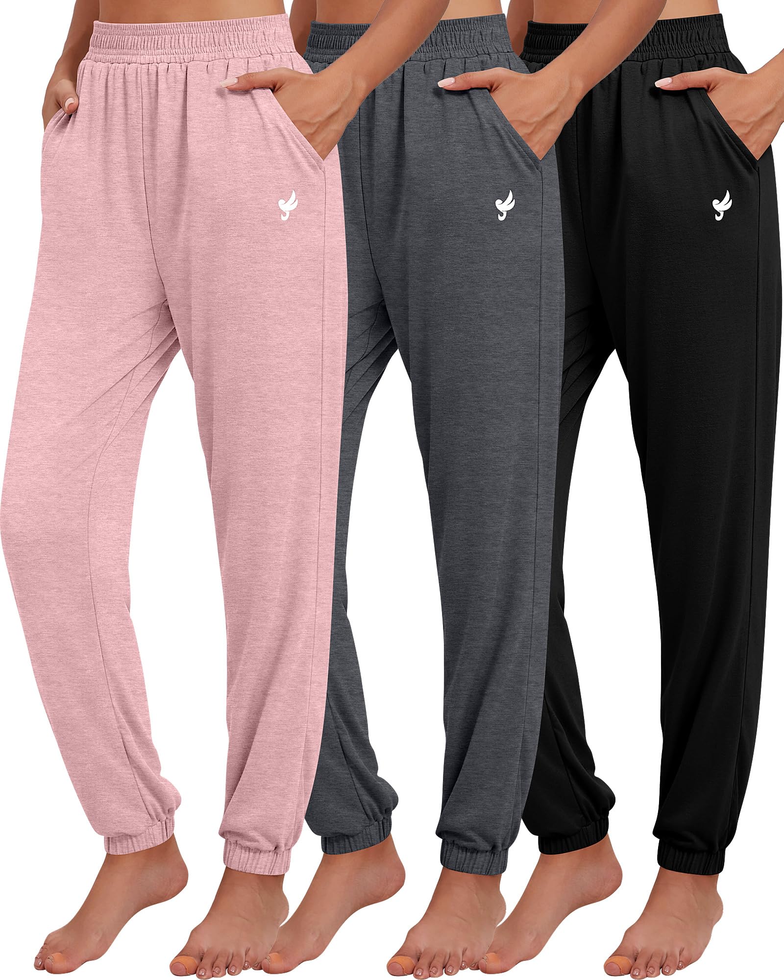 Ficerd 3 Pack Women Sweatpants Trendy Loose Fit Joggers Elastic Sporty Pants Athletic Baggy Lounge Trousers with Pockets (Black, Dark Gray, Pink,L)