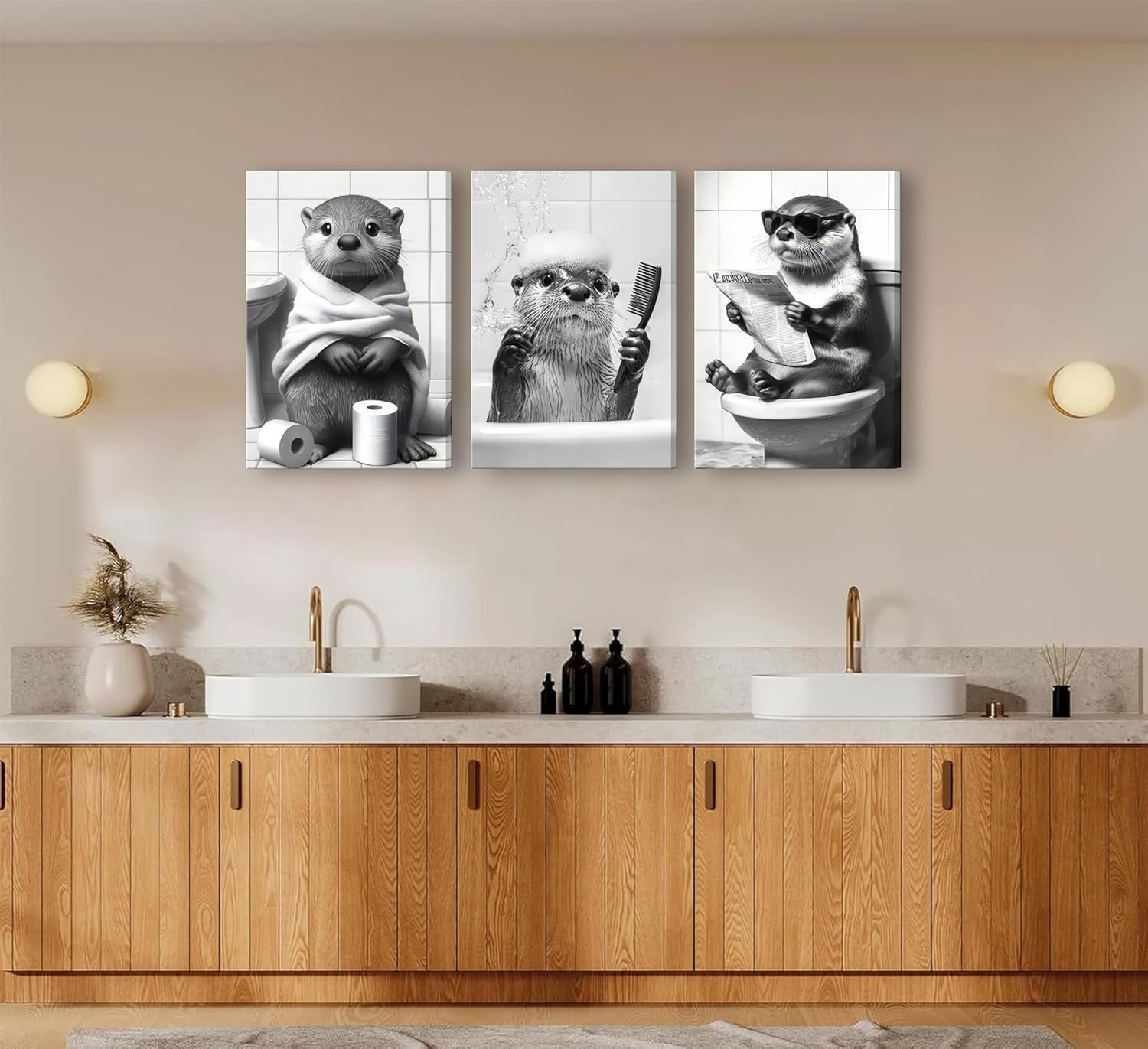 3Pcs Framed Cute Otter Canvas Wall Art Black And White Animal Poster Print Funny otter bathing and reading newspaper Picture Painting Wall Decor for Bathroom Restroom Home Decoration