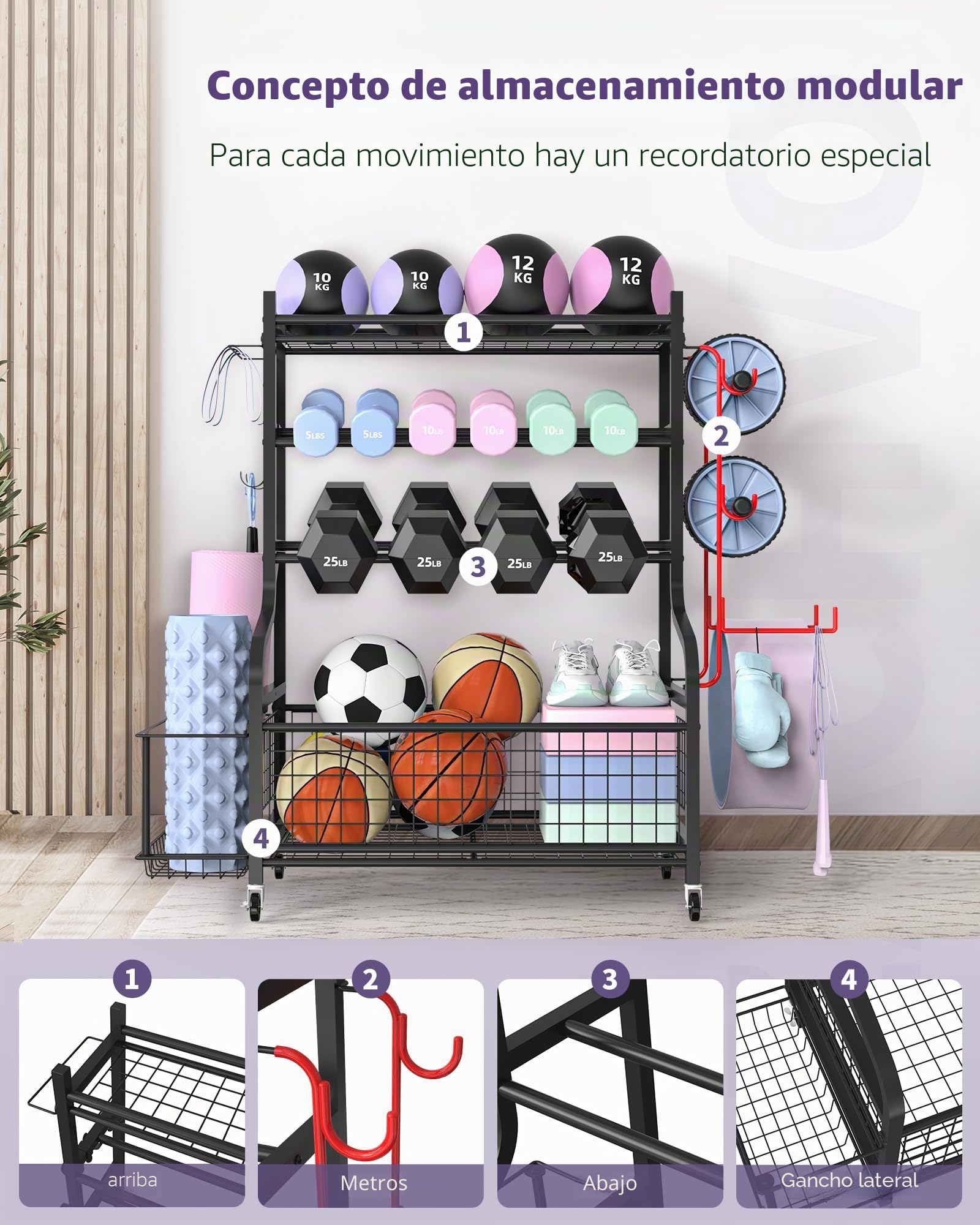 Yoga Matte Hantelablage - Dumbbells Regal für Home Gym mit 4 Räder und 8 Haken - Yogamatte Lagerregal für Kettlebells und Yoga Block, Gurt, Rolle - 100-160KG Tragfähigkeit