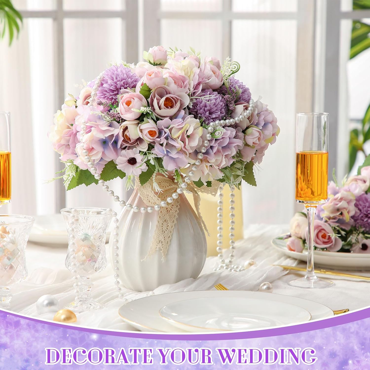 Tigeen 12 Bundles Peonies Artificial Flowers Faux Roses Silk Flowers Hydrangea Artificial Bouquet for Wedding Table Centerpiece Floral Vase Home Office Bridal Decor (Purple,Pink) - Image 3