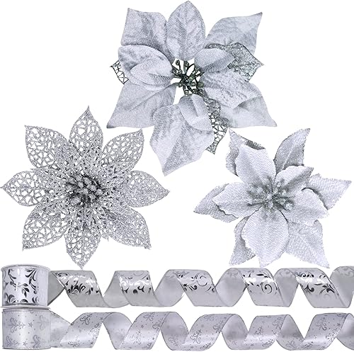 Winlyn Juego de 26 piezas de 3 estilos de flores de Pascua plateadas con purpurina para árbol de Navidad y 12 yardas, cinta decorativa plateada con disponible en Yaxa Colombia