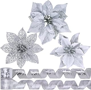 Winlyn 26 Set 3 Style Christmas Glitter Poinsettia Flowers Picks Xmas Tree Ornaments and 12 Yards Decorative Glittered Wired Ribbon for Christmas Tree Wreath Garland Holiday Decor
