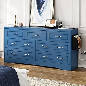 DWVO Farmhouse 7 Drawer Dresser for Bedroom, 31.5 Inch Tall Modern Dresser TV Stand with Large Drawers & Bar Handles, Storage Dressers with Power Outlets, Rustic Wood Chest of Drawers, Blue