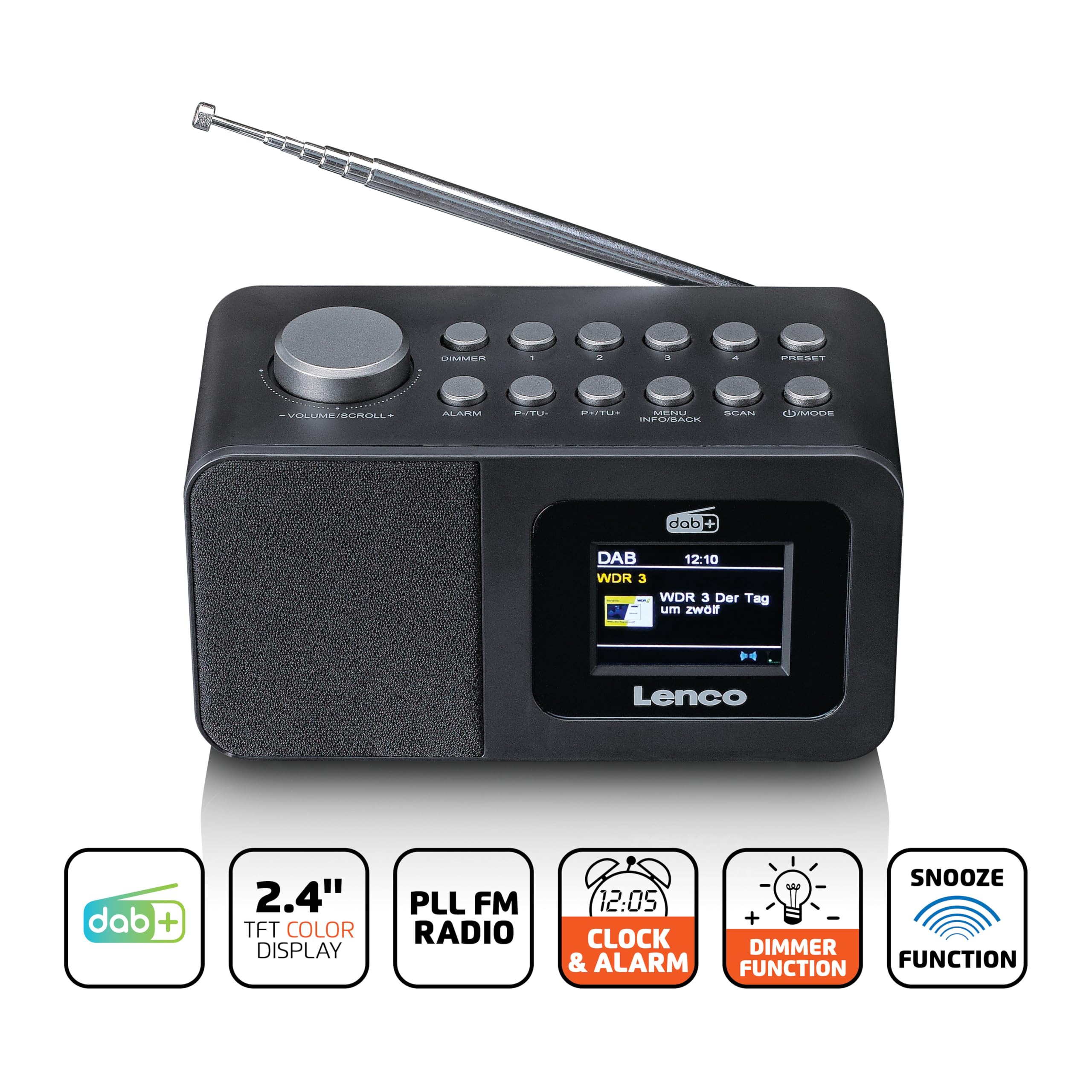 Lenco CR-625BK Radiosveglia con DAB+/FM, display a colori da 2,4", dimmerabile, doppio allarme, sleeptimer, funzione snooze, memoria 30 trasmettitori, AUX-In, nero