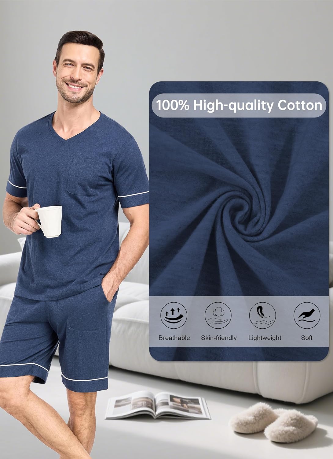 EA'S SECRET 100% Cotton Mens Pajamas Set Men's Sleepwear Short Sleeve Shirts Soft Lightweight V-Neck Pjs Set Loungewear Knit