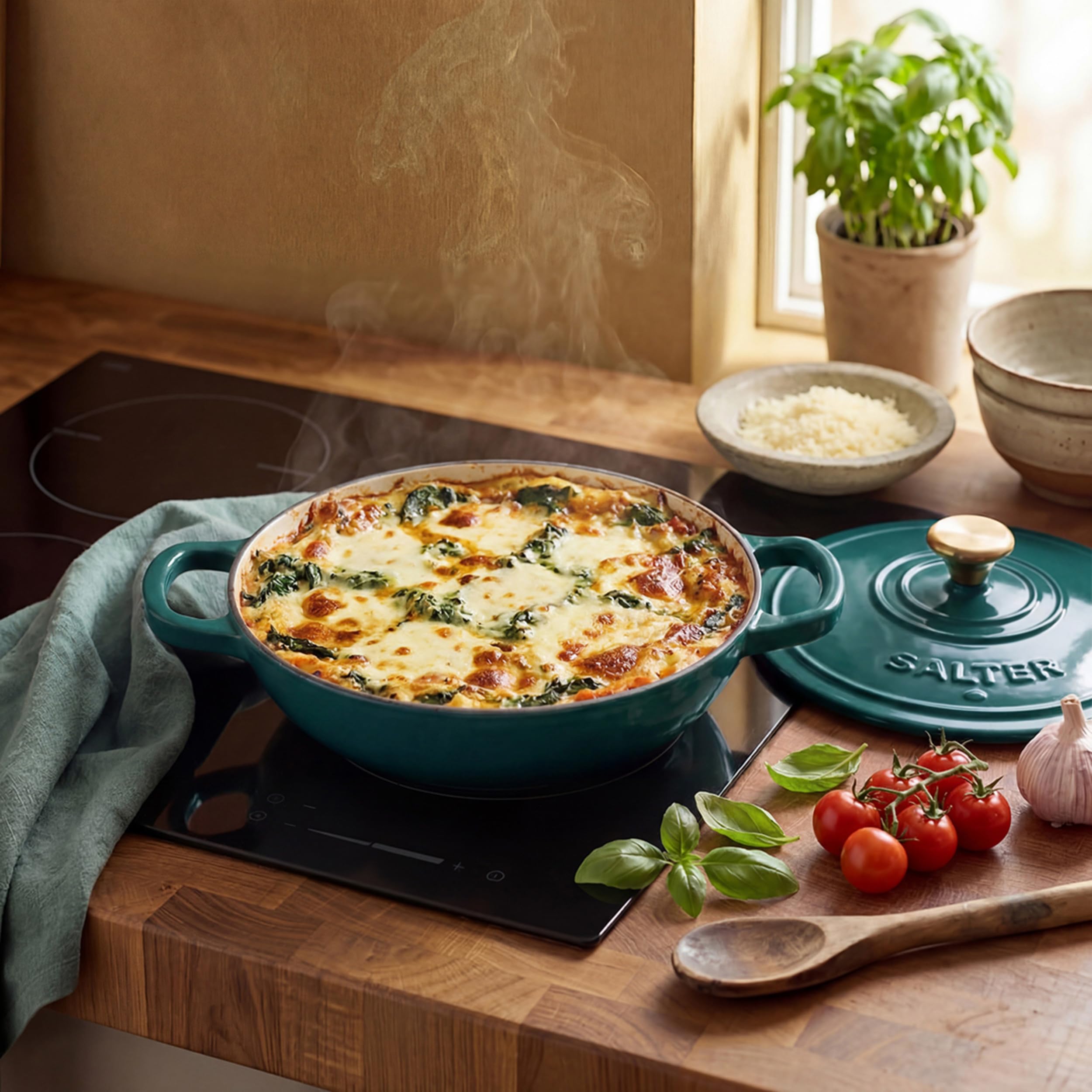 Salter Chester Cocotte en fonte, 2,8 l, 30 cm | Finition émaillée, couvercle auto-arrosant, revêtement sans PFAS, four jusqu’à 240 °C, tous feux dont induction, vert