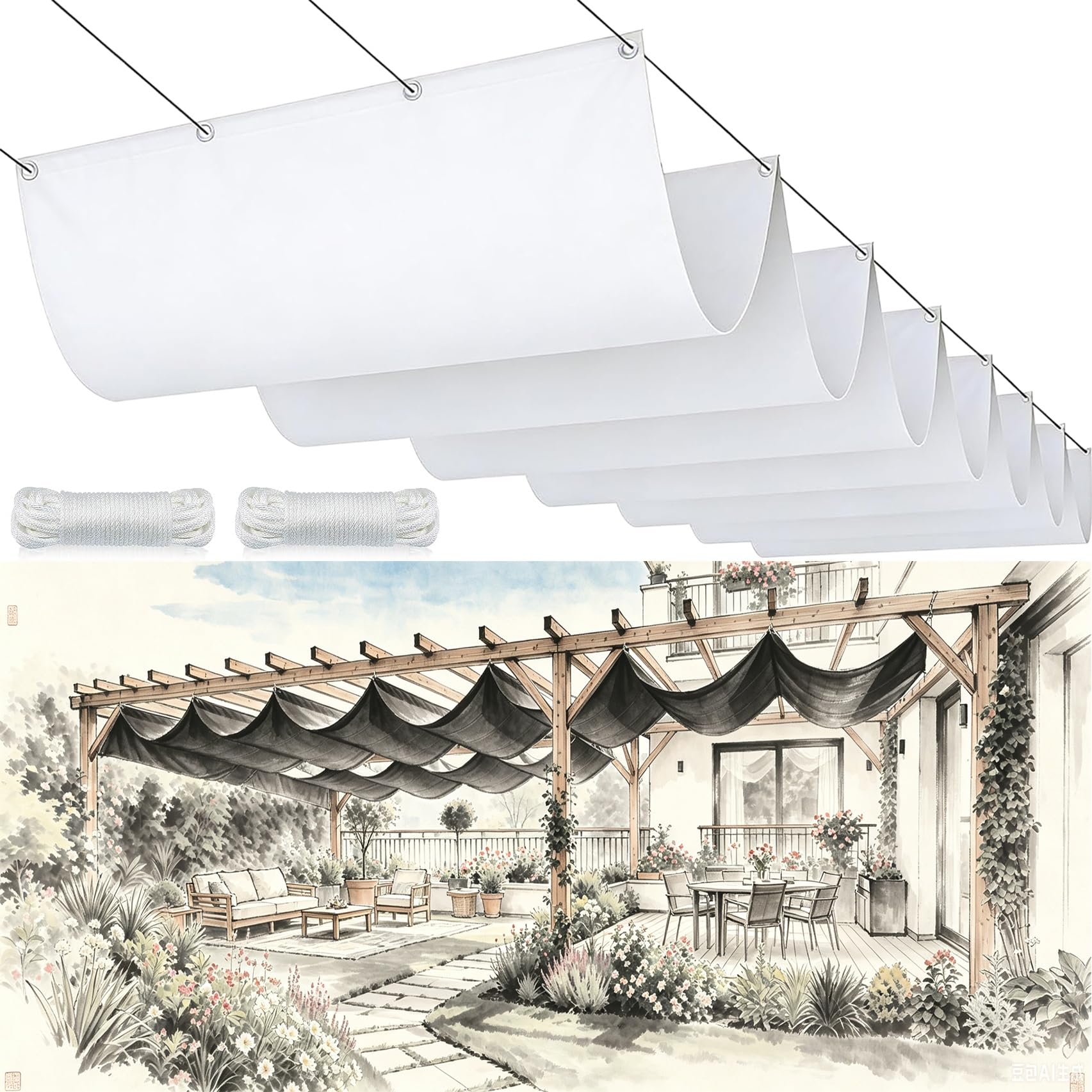 Voiles d'ombrage rétractable imperméable grand format blanc 360x680 pour pergola