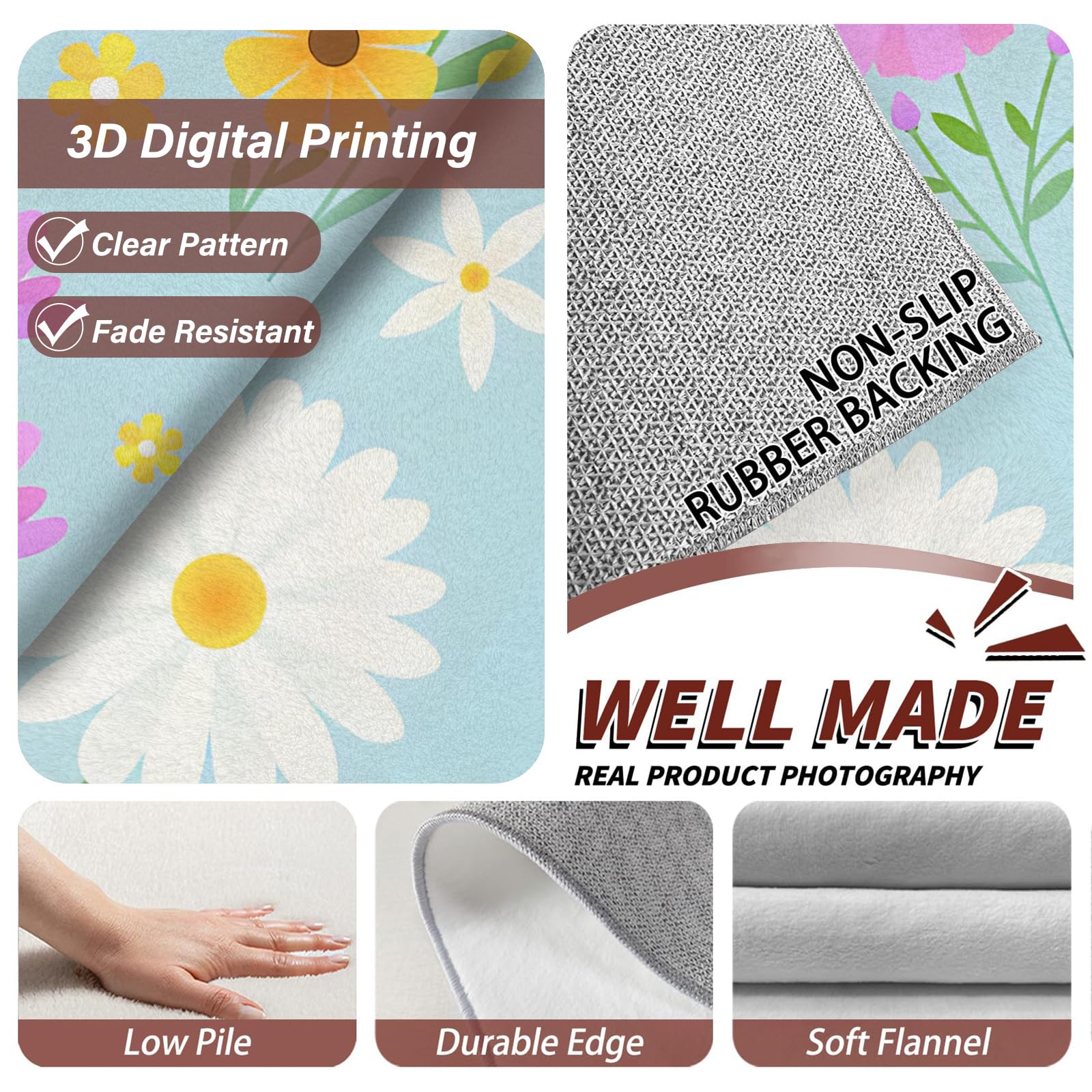 Großer waschbarer Kurzflor-Teppich 200x300 - Blumen Blau Teppiche - Natürliche Ästhetik Dünn Saugfähig Vielseitig Carpet für Wohnzimmer Schlafzimmer Oder Als Bettvorlege A&95