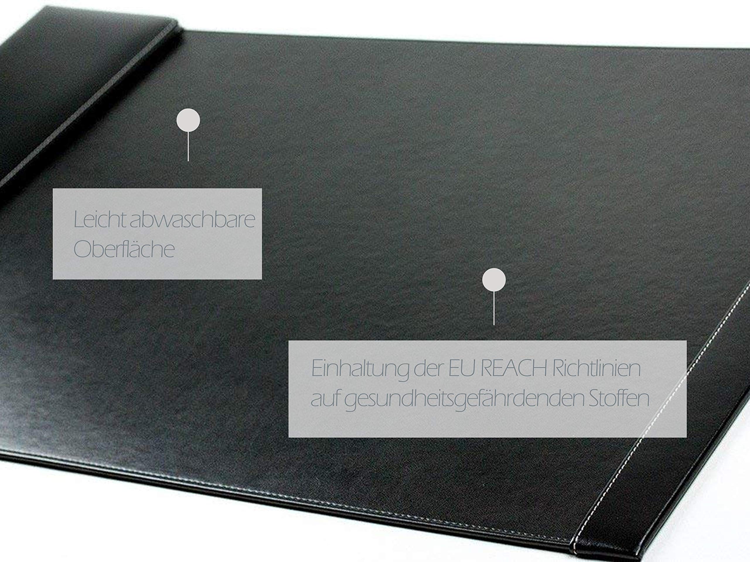 DELMON VARONE - Personalisierbare Schreibtischunterlage mit Klappleiste inkl. Block und Kalender 2026/2027, Cambridge Top Grain Leder schwarz, Rutschfeste Schreibunterlage abwaschbar 66x43 cm