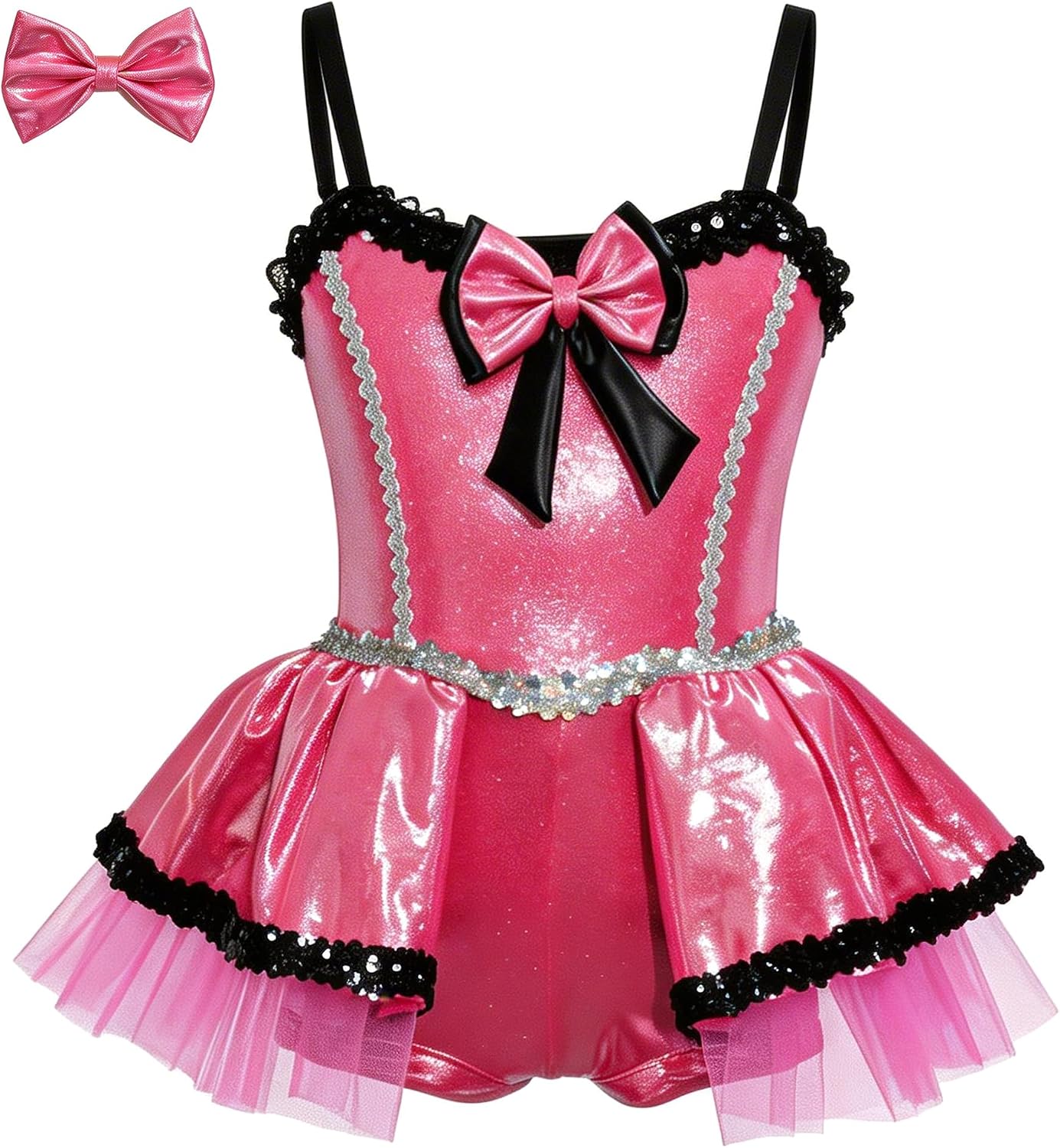 Girls Pink Metallic Stretch Sequins Tutu Dress, Jazz Dance Outfit with Bow for Multi Occasions (Rose 2-12Y)