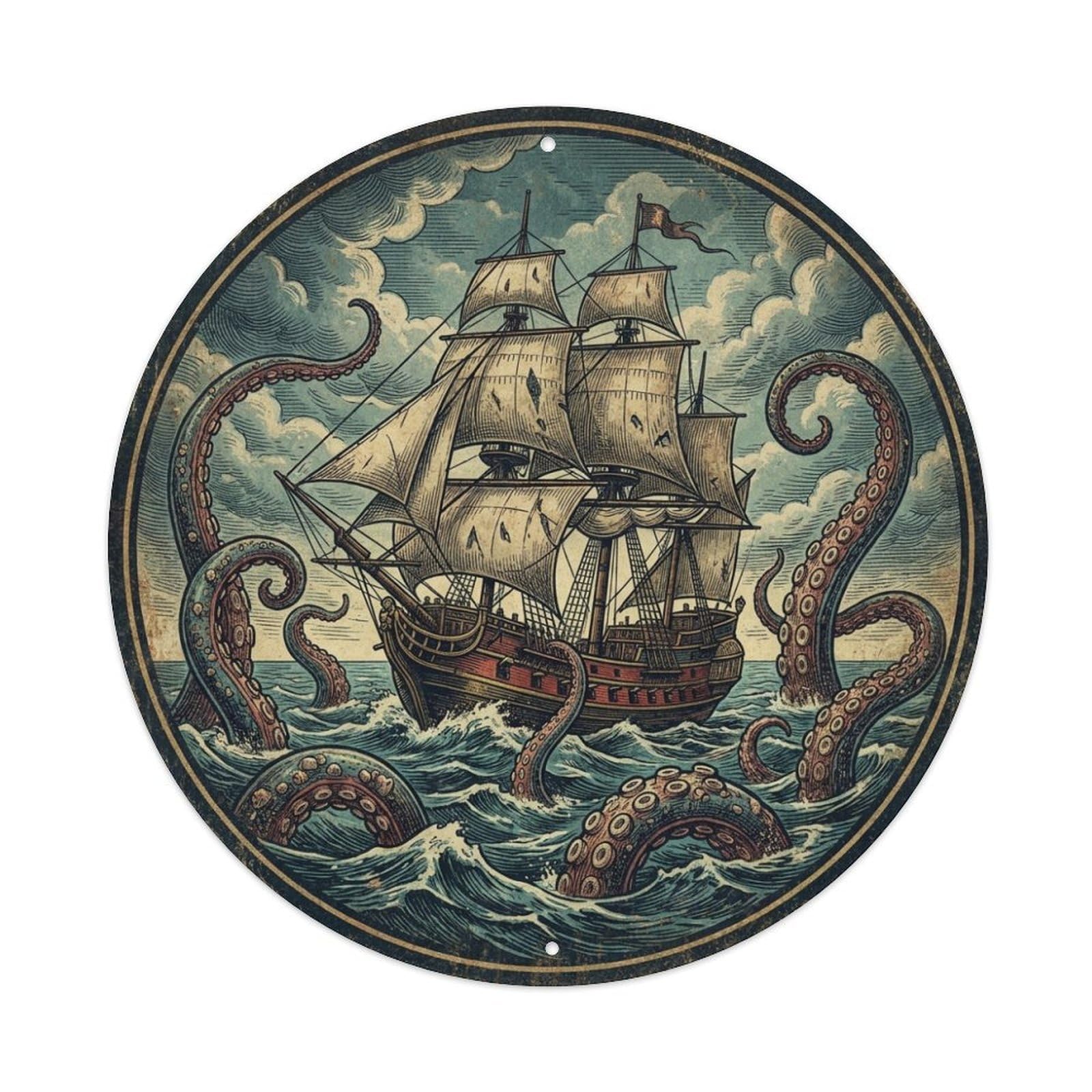 Pirate Galleon Kraken Black Flag Maritime Metal Tin Sign