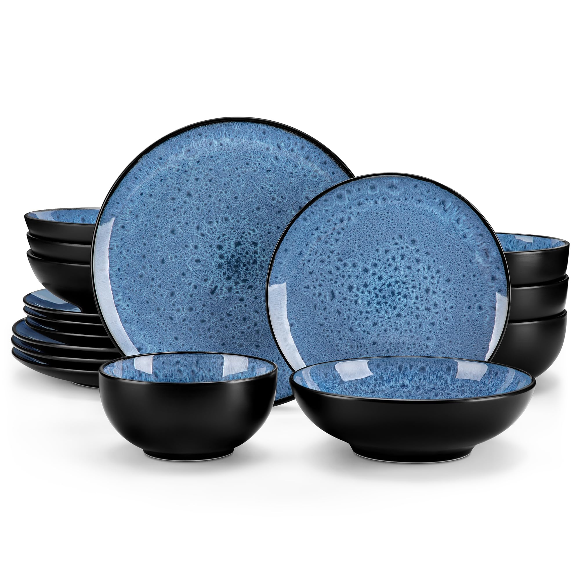 vancasso Bubble Blue zestaw obiadowy, 16-częściowy zestaw obiadowy dla 4 osób, reaktywne talerze i miski do glazury w stylu vintage, zawiera talerze obiadowe, talerze deserowe, miski do makaronu i