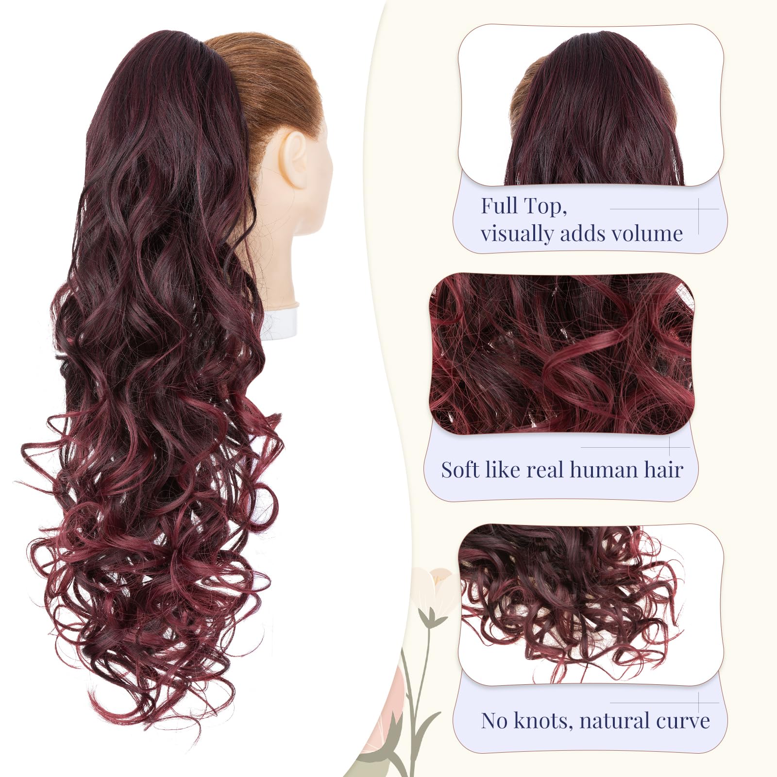 TESS 24'' Curly Ponytail Extensions, 210g Claw in Long Ponytail, Hair Pieces for Women Burgundy Gradient, 24 Inch (curly) - Image 3