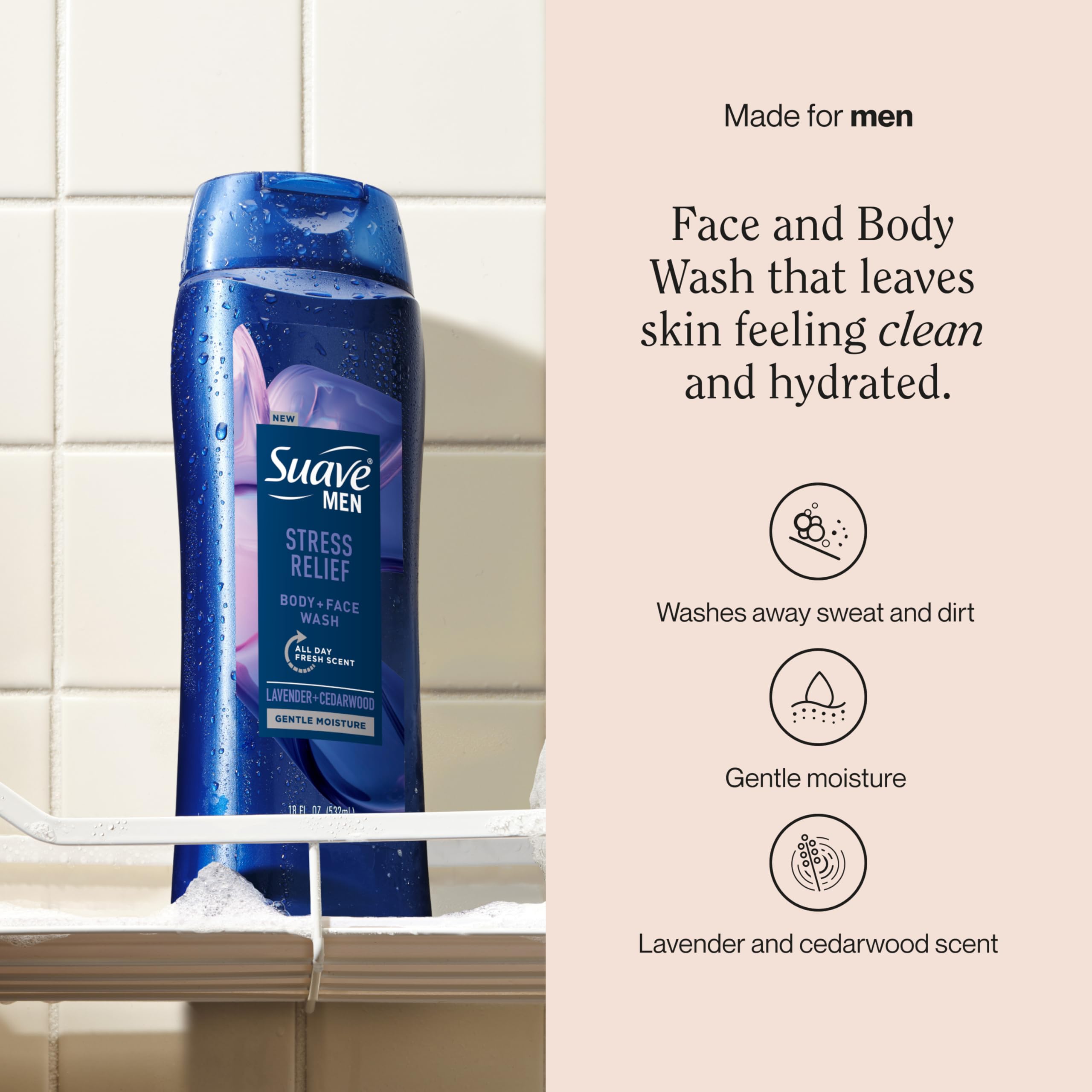 Suave Body antistress da uomo + Face Wash, idratante delicato con lavanda e legno di cedro, profumo fresco tutto il giorno, 510 ml, 6 pezzi