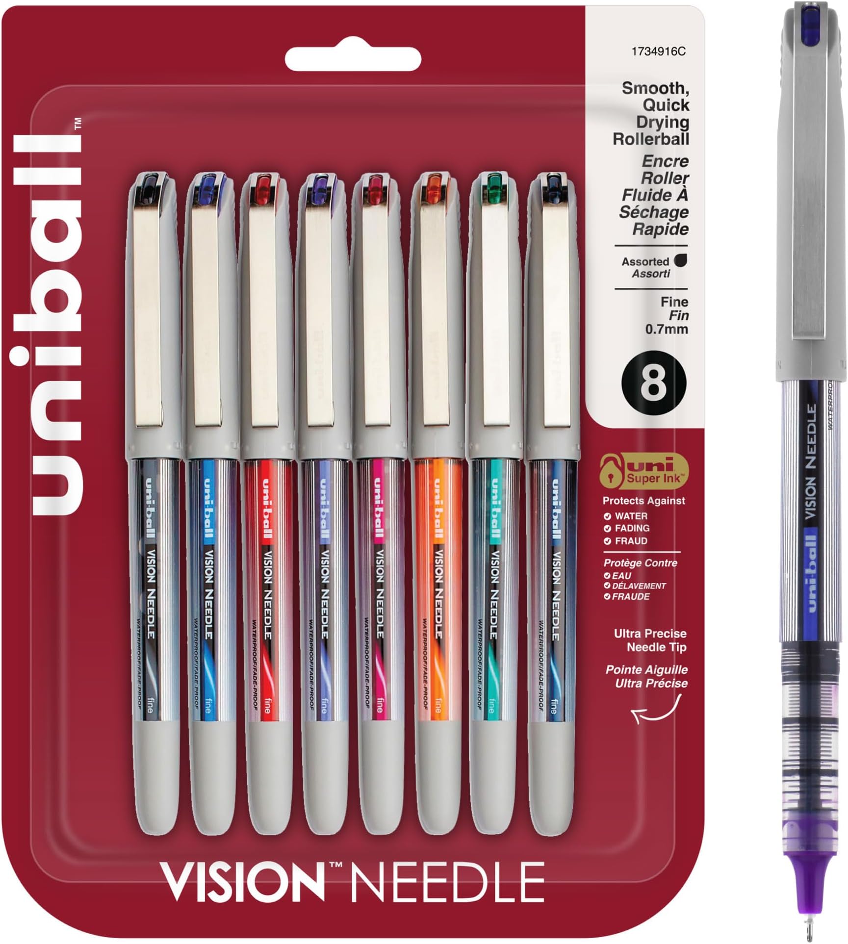 uniball Vision Needle Roller Ball Pen, Stick, Fine 0.7 Mm, Assorted Ink Colors, Silver Barrel, 8/pack
