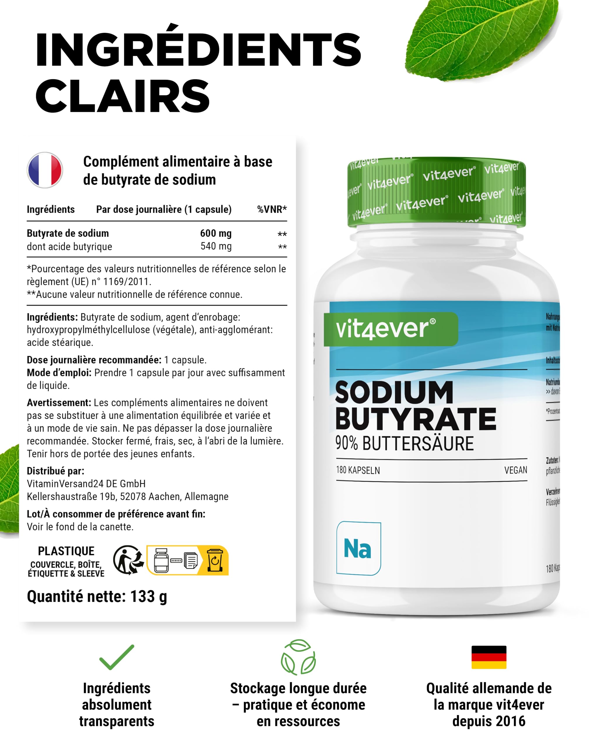 Butyrate de sodium - 180 gélules de 600 mg - Premium : 90% d'acide butyrique - Butyrate de sodium pur sans additifs indésirables - Hautement dosé, végétalien