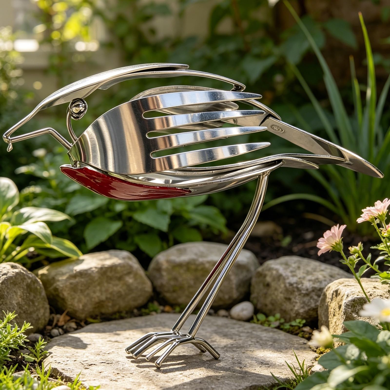 HTU Robin Recycled Fork & Spoon Bird Statue, Handcrafted Recycled Cutlery Avian Sculpture, Utensil Creative Design Bird Statue for Outdoor Garden Yard Decor-1PCS