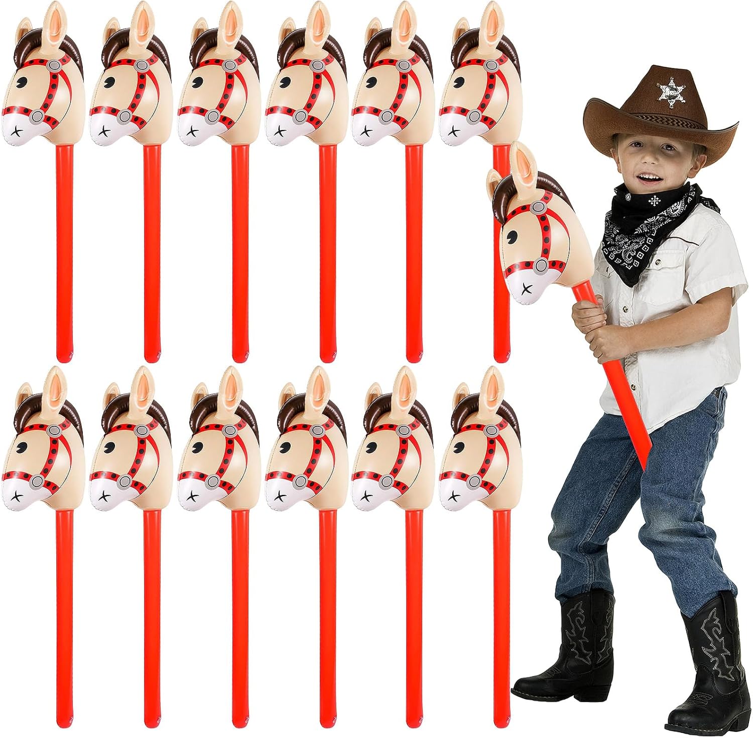 12 PCS 37 Inch Inflatable Stick Horse Premium PVC Horse Head Stick for Western Parties, Cowboy Decorations, and Themed Events