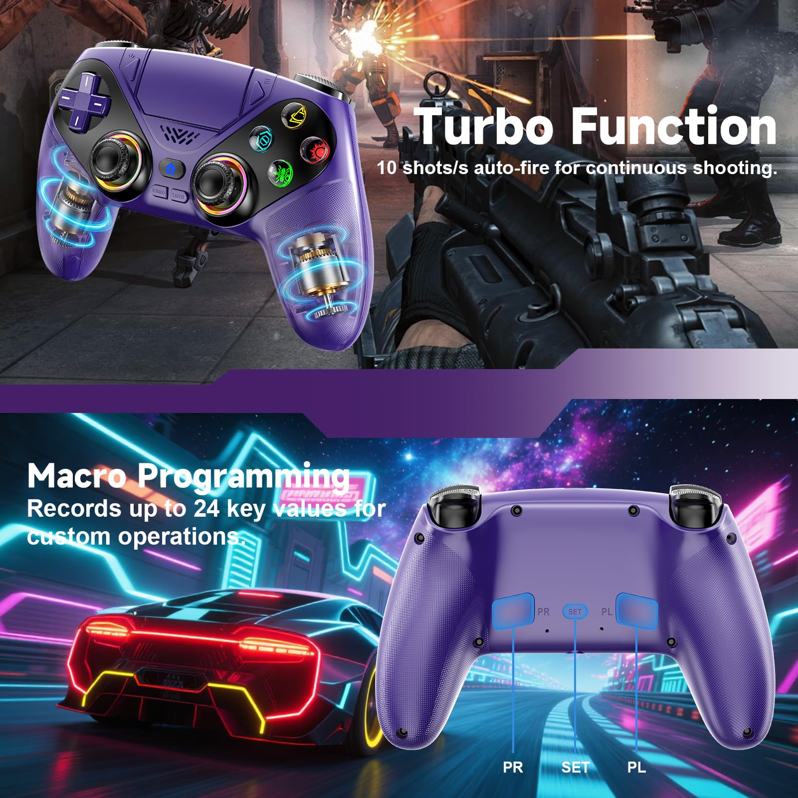 Controller wireless per PS5/PlayStation 5 e PC - Viola, gamepad Bluetooth con Turbo, sensore di movimento a 6 assi, pulsanti programmabili, illuminazione RGB, jack audio da 3,5 mm