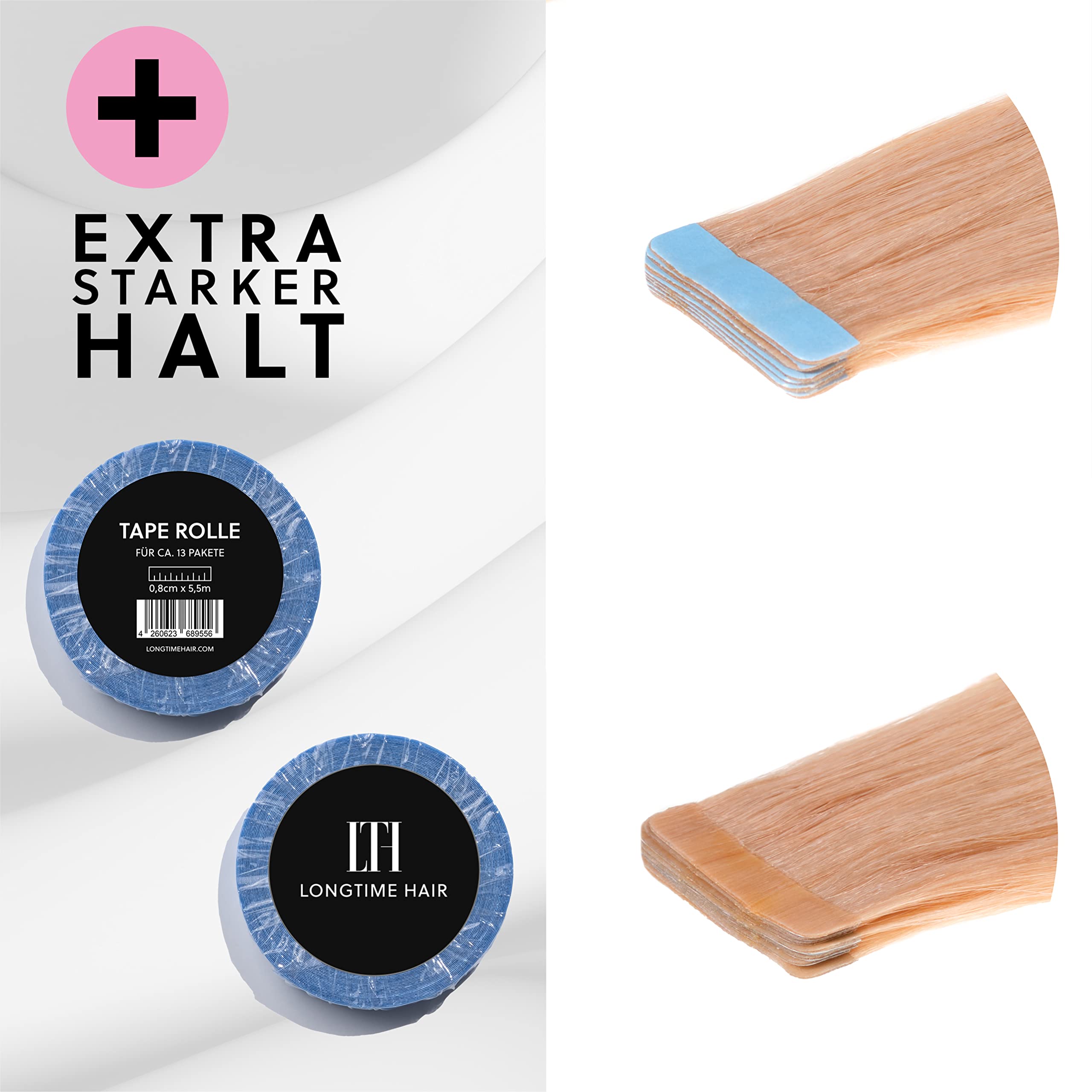 Doppelseitiges Klebeband Extra Stark für Extensions, Toupets und Perücken | Klebeband Rolle für Haarverlängerungen | 5,5m Lang & 0,8cm Breit Ersatztape Rolle für Tape Hair Extensions