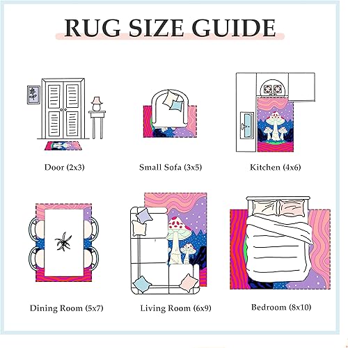 Miniatura 7 de Hippie Mushroom Living Room Rugs - 4x6 Rug, Retro y2k Colorful Funny Mushroom Rug for Teens Kids Girls, 70s Stripes Polka Dot Rug, Washable Soft