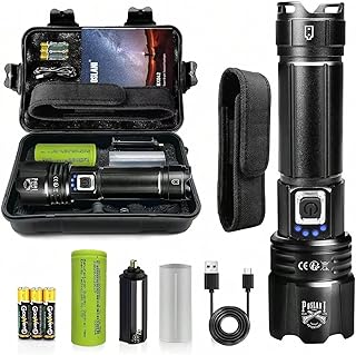 Poslani Lampe Torche Led Ultra Puissante,600000 Lumens Lampe de Poche XHP70.2 Super Brillante,Étanche IPX67,Torche Zoom Rechargeable de Type C 5 Modes D'éclairage (avec 1 batterie de 5000 mAh et AAA)