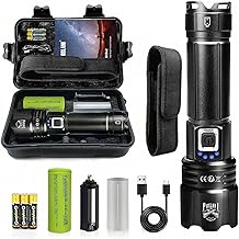 Taschenlampe, XHP70.2 superhelle Taschenlampe mit 600000 Lumen, wasserdicht nach IPX67, wiederaufladbare C-Type-Zoom-Taschenlampe mit 5 Leuchtvarianten (mit 1 x 5000 mAh Akku und 3 x AAA-Batterien)