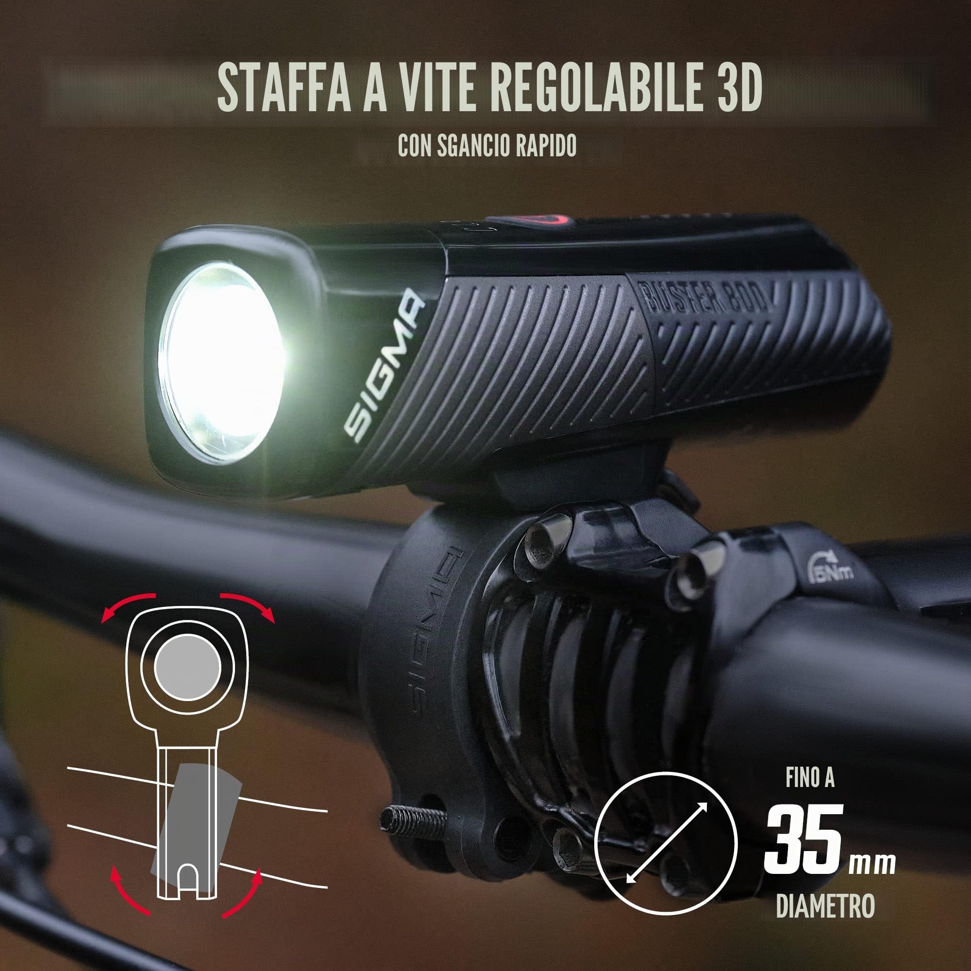 SIGMA BUSTER 800 FL& RL150 | Set di luci per bicicletta ricaricabili via USB | Luce anteriore con 800 lumen e 5 modalità di illuminazione | Luce posteriore con funzione di luce di stop